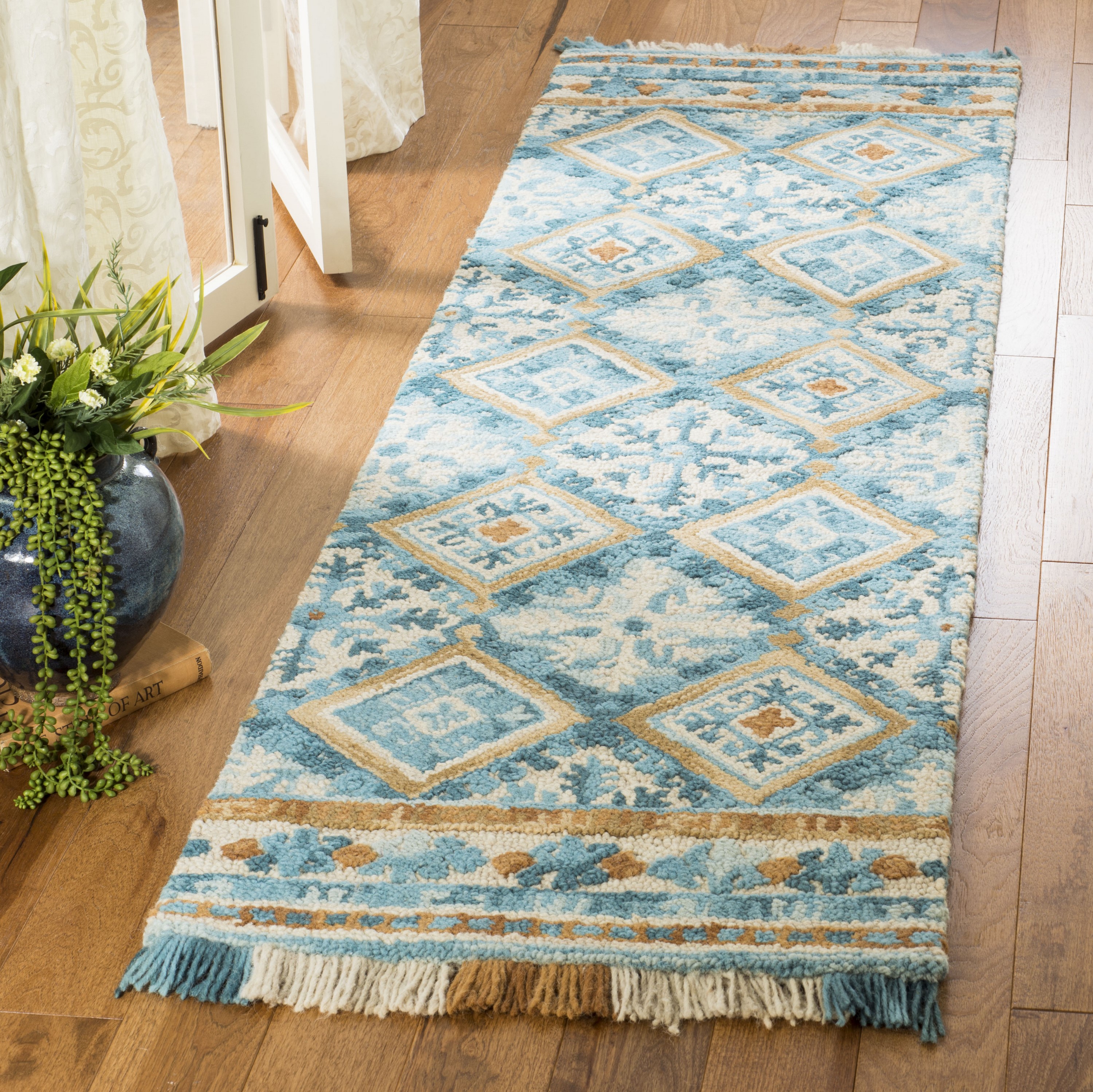 Ivory and Teal Floral Wool Tufted Runner Rug 2'3" x 8'