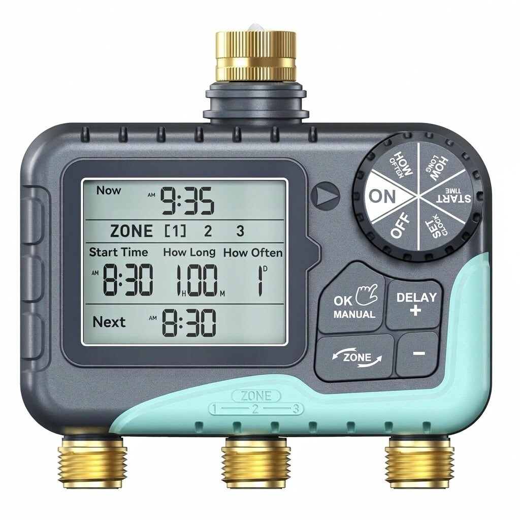Etokfoks  3 Zone Water Timer Brass Inlet Outlet Sprinkler Timer IP65 Waterproof Rain Delay Manual Automatic Watering 1 Piece