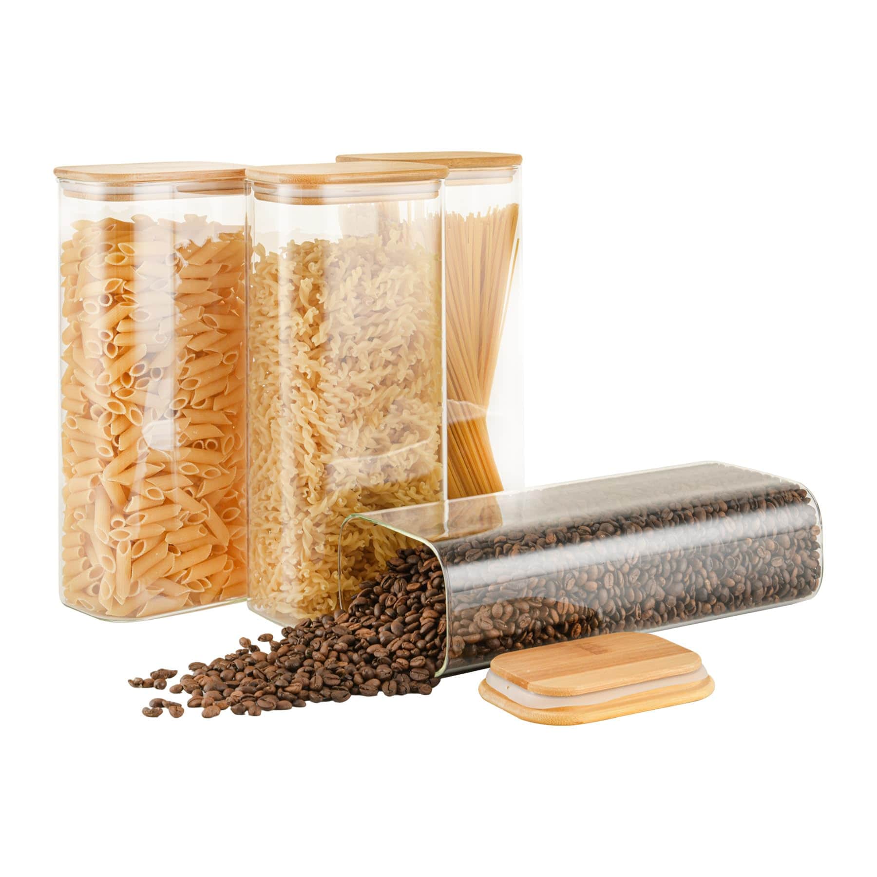 DHMHD  71oz Rectangle Airtight Glass Storage Containers with Bamboo Lids Set of 4 Square Food Storage Jars for Sugar Flour Spaghetti and Coffee