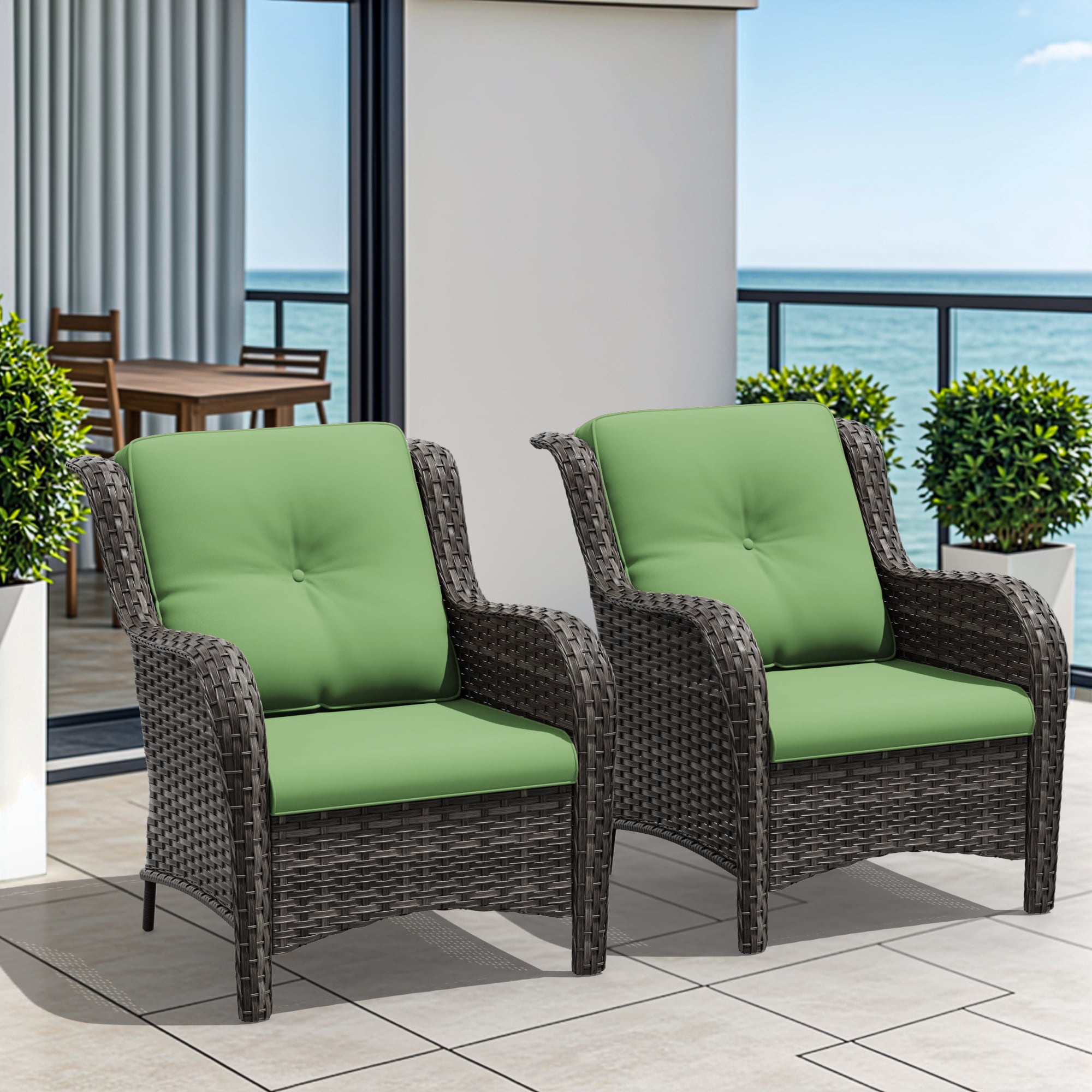 Gardenbee HGL-M08-GRN Wicker Brown Steel Frame Stationary Chaise Lounge Chair with Green Cushioned Seat
