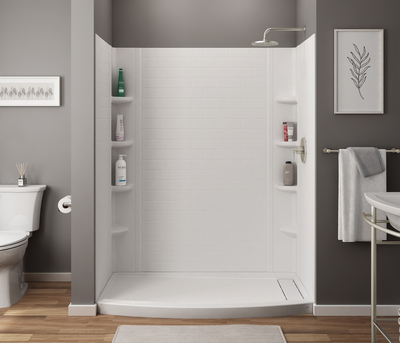 Passage 60 in. x 72 in. 2-Piece Glue-Up Alcove Shower Wall with Corner  Shelf in White Subway Tile