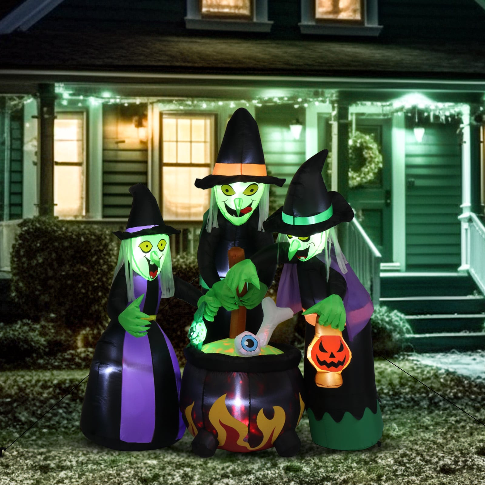 VINGLI 6FT High Blow Up Scary 3 Witches Halloween Yard Decorations with Built-in LED Lights