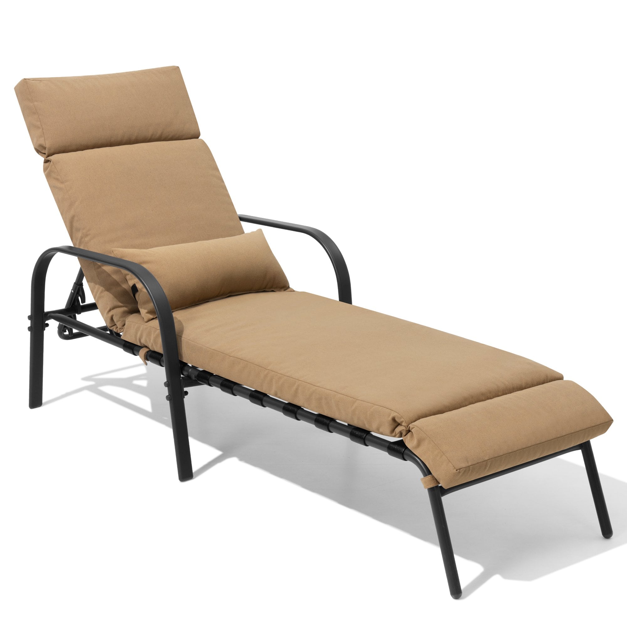 Crestlive Products CL-LG015TAN Adjustable Chaise Lounge Chair with Cushion and Pillow Brown Aluminum Frame Stationary Chaise Lounge Chair with Gray Cushioned Seat