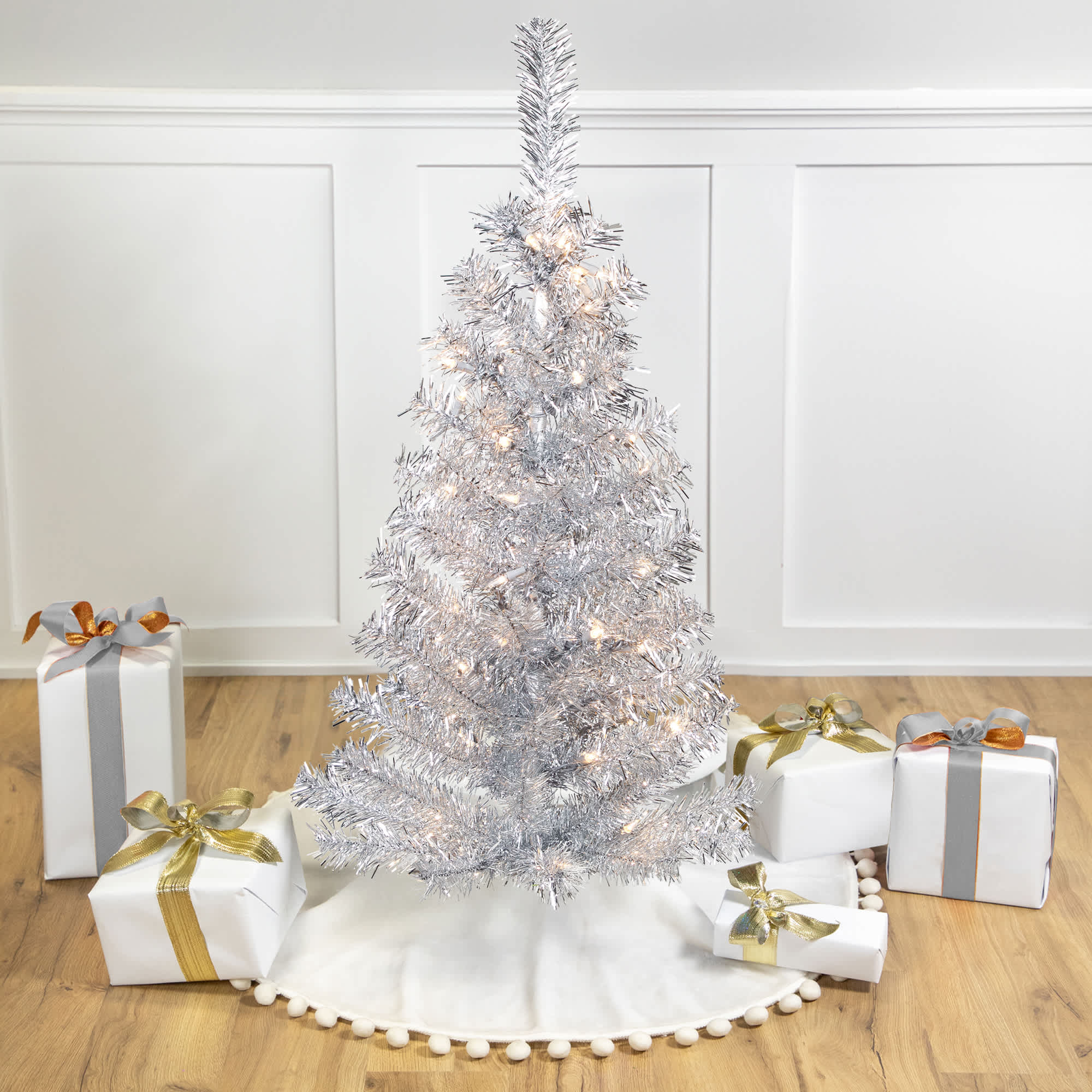 Northlight Pre-Lit Artificial Tinsel Christmas Tree - 3 feet - Silver - Clear Lights
