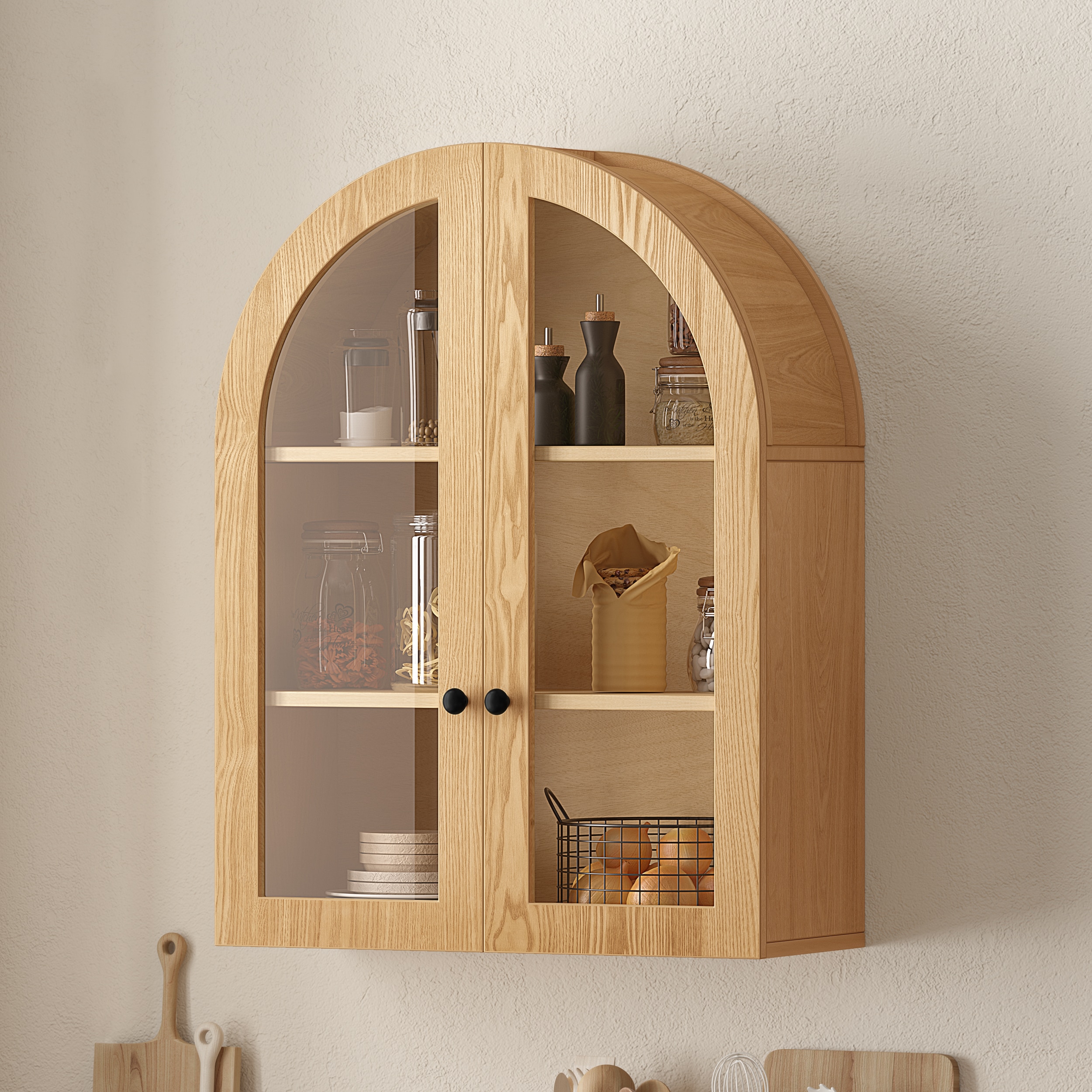KTMBDW Bathroom Wall Storage Cabinet - Farmhouse Arched Cabinet with Adjustable Shelf and Glass Doors for Living Room Kitchen (Oak) #W1445P512402