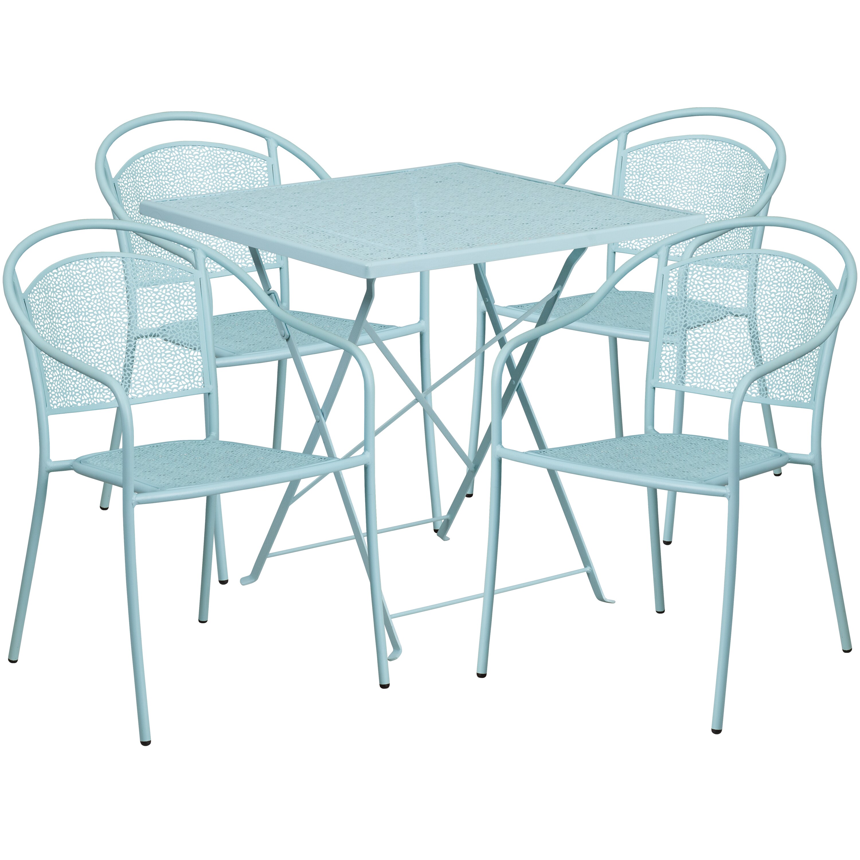 Flash Furniture 889142078425 Oia Commercial Grade 28-in Square Sky Blue Indoor-Outdoor Steel Folding Patio Table Set with 4 Round Back Chairs