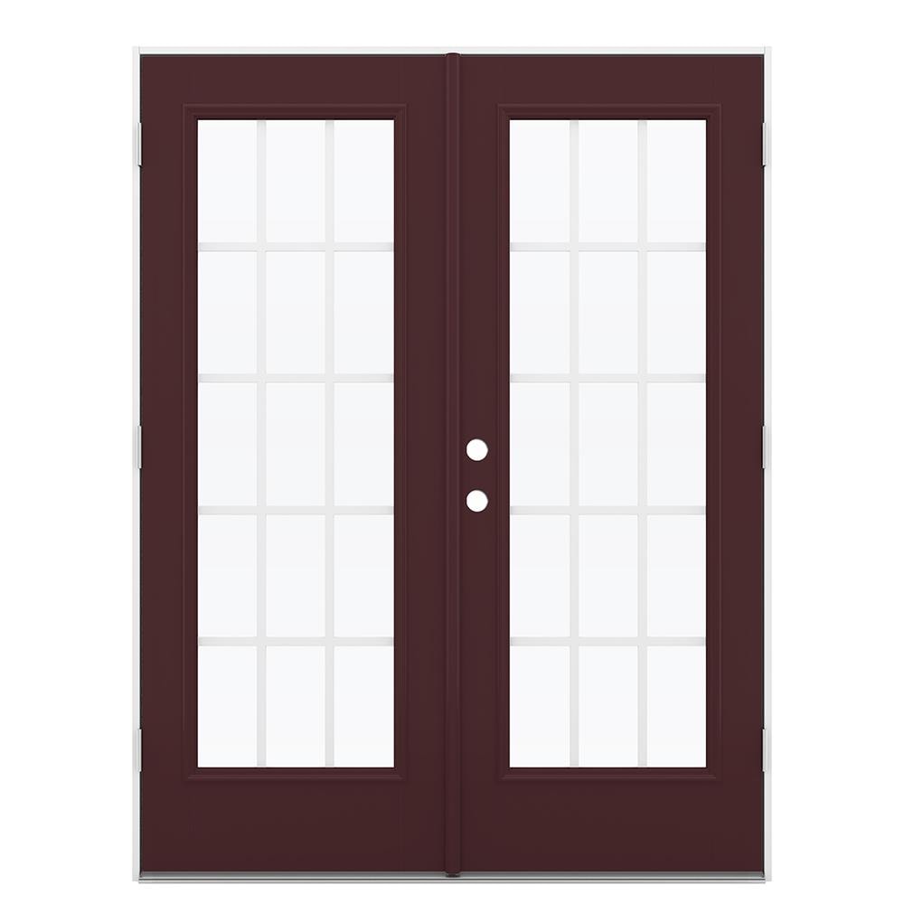 JELD-WEN 60-in x 80-in x 4-9/16-in Jamb Low-e Grilles Between The Glass Currant Fiberglass French Left-Hand Outswing Double Patio Door in Red -  LOWOLJW184100175