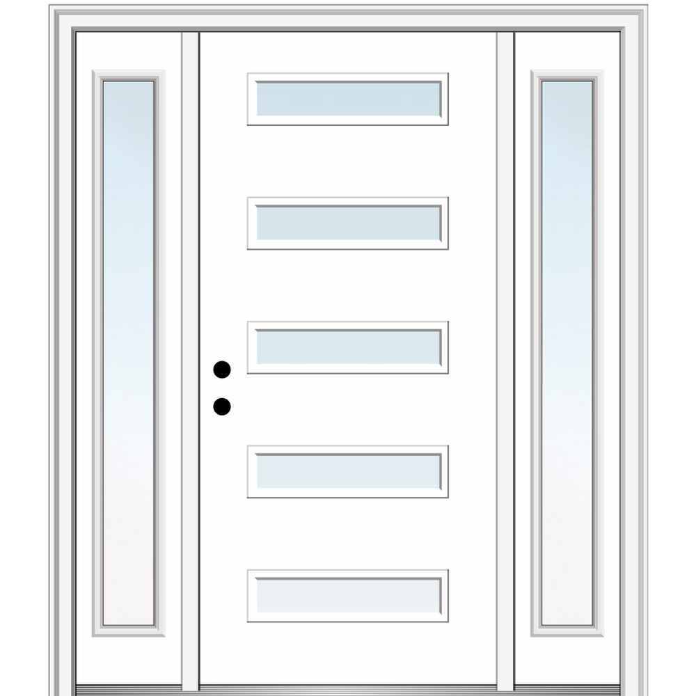 MMI DOOR ZZ349159R 64-in x 80-in x 6-9/16-in Fiberglass Pulse lite Right-hand inswing Brilliant White Painted Prehung Front Door with Sidelights with Brickmould Insulating core