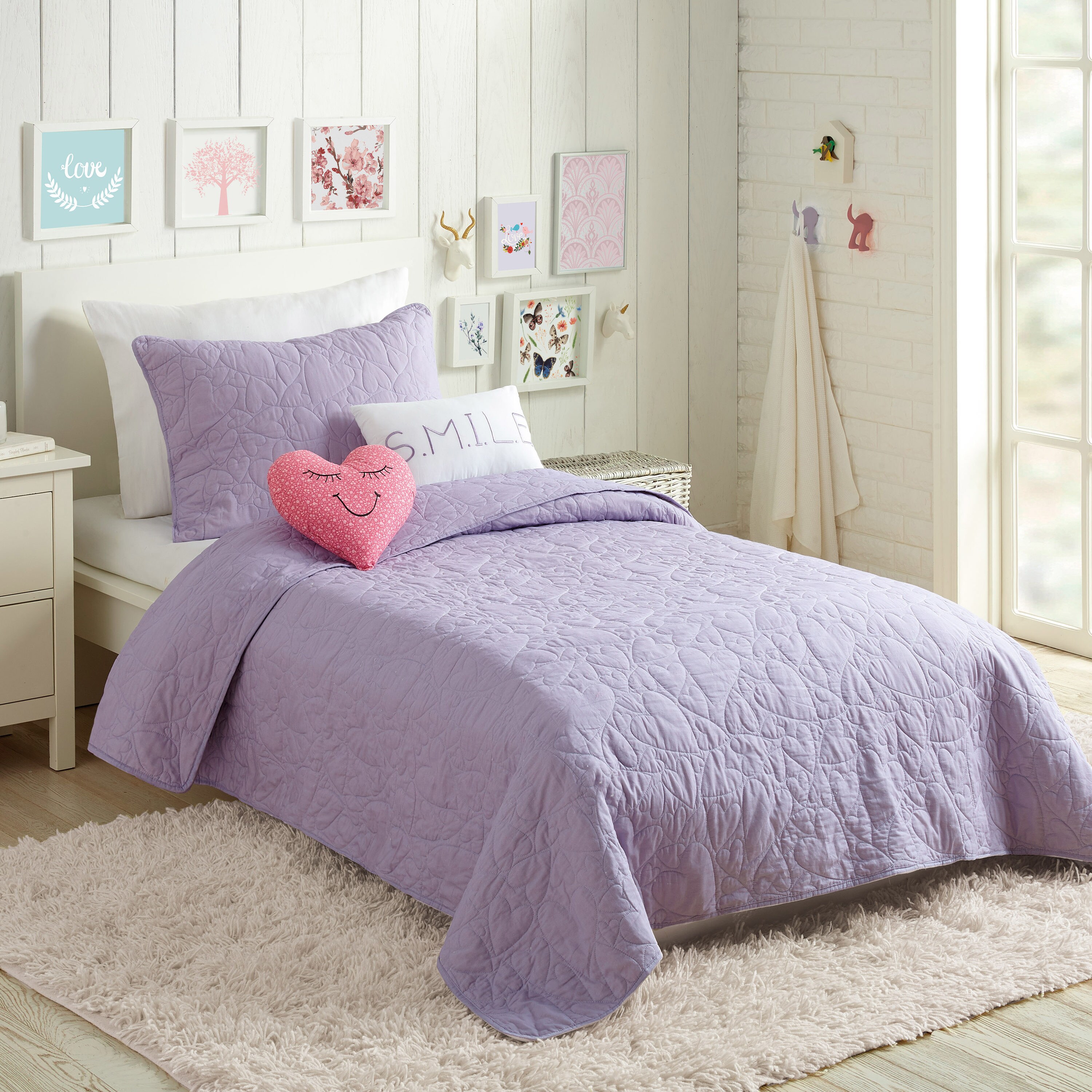 Lavender Cotton Twin Quilt Set with Heart Pillows
