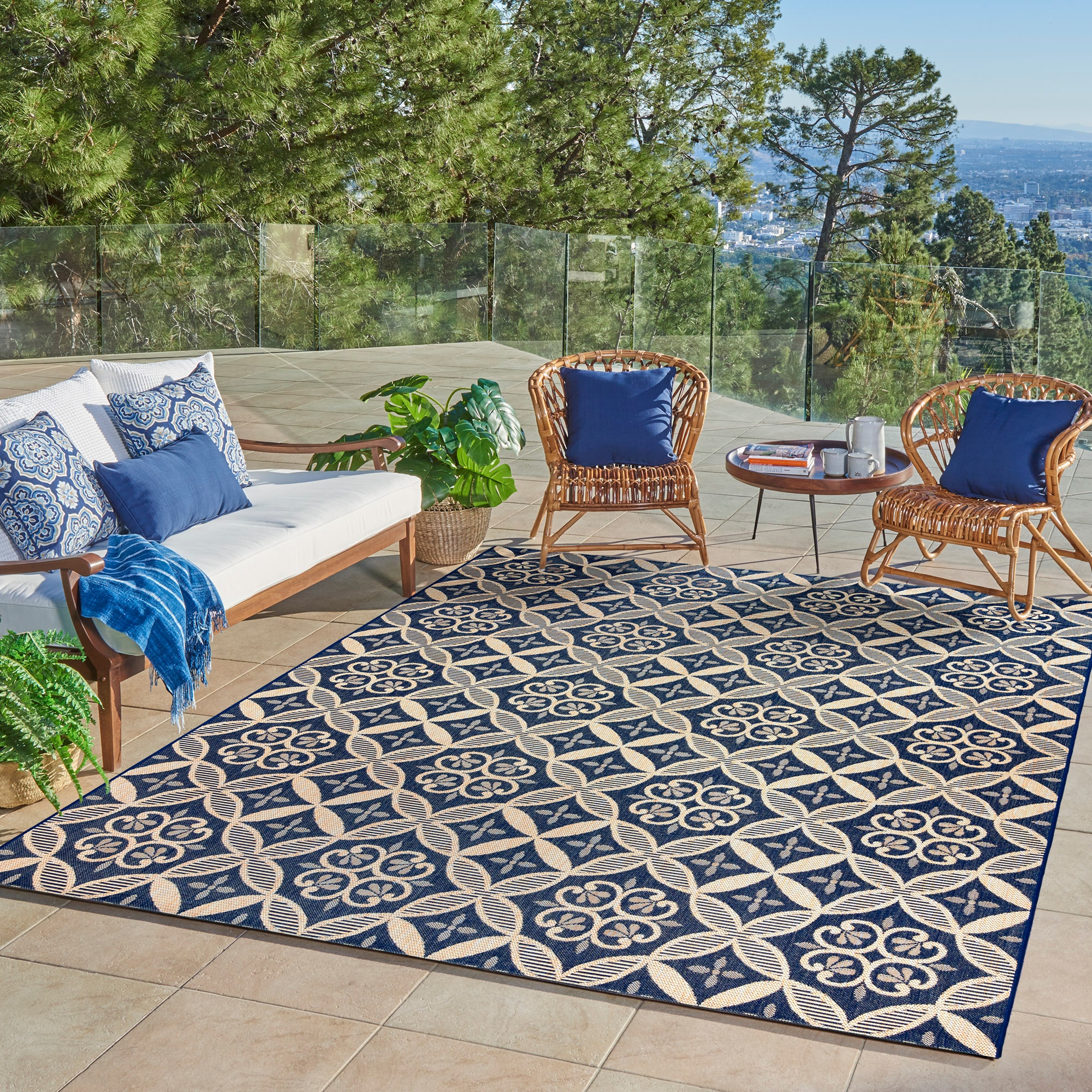 GERTMENIAN 25433 8 x 10 (ft) Polypropylene Navy/Sand Rectangular Indoor/Outdoor Floral/Botanical Area rug