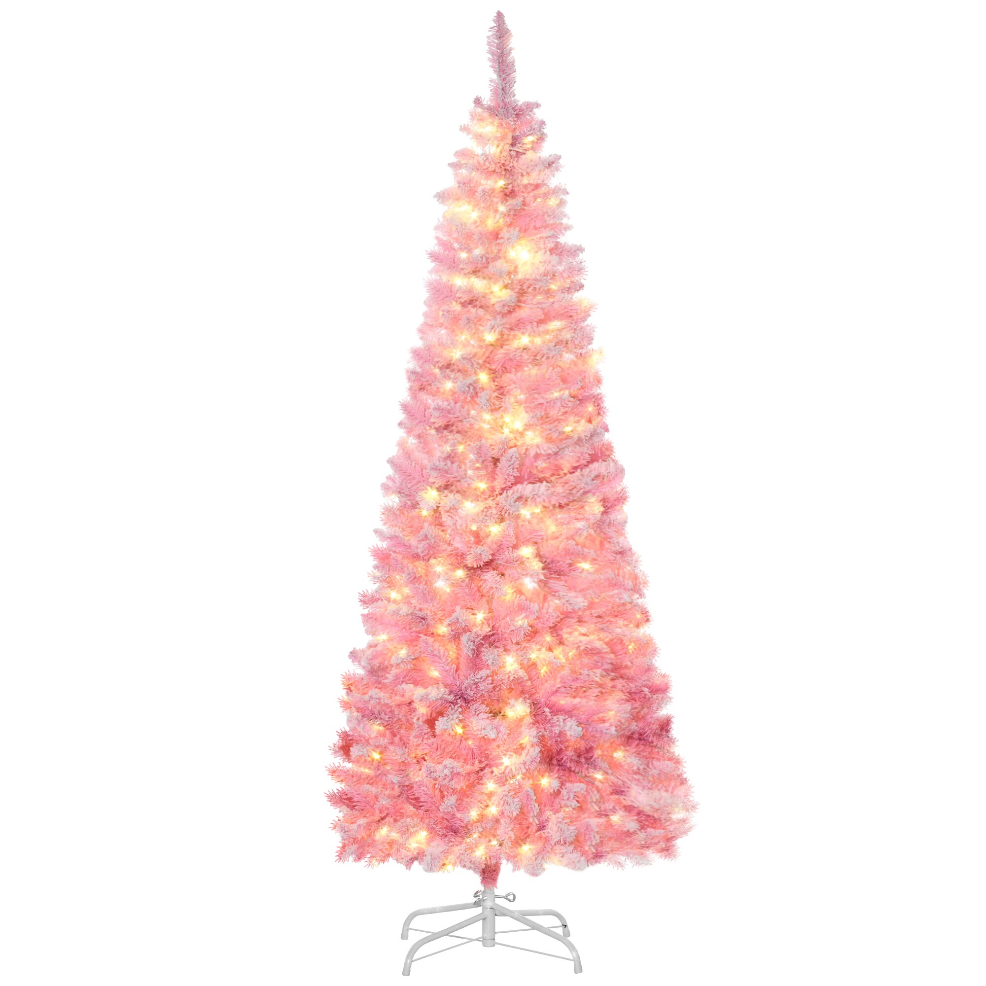 Upsimples Pre Lit Snow Flocked Pink Artificial Christmas Tree Warm White LEDs Auto Open Design Slim Pencil Shape for Family Use