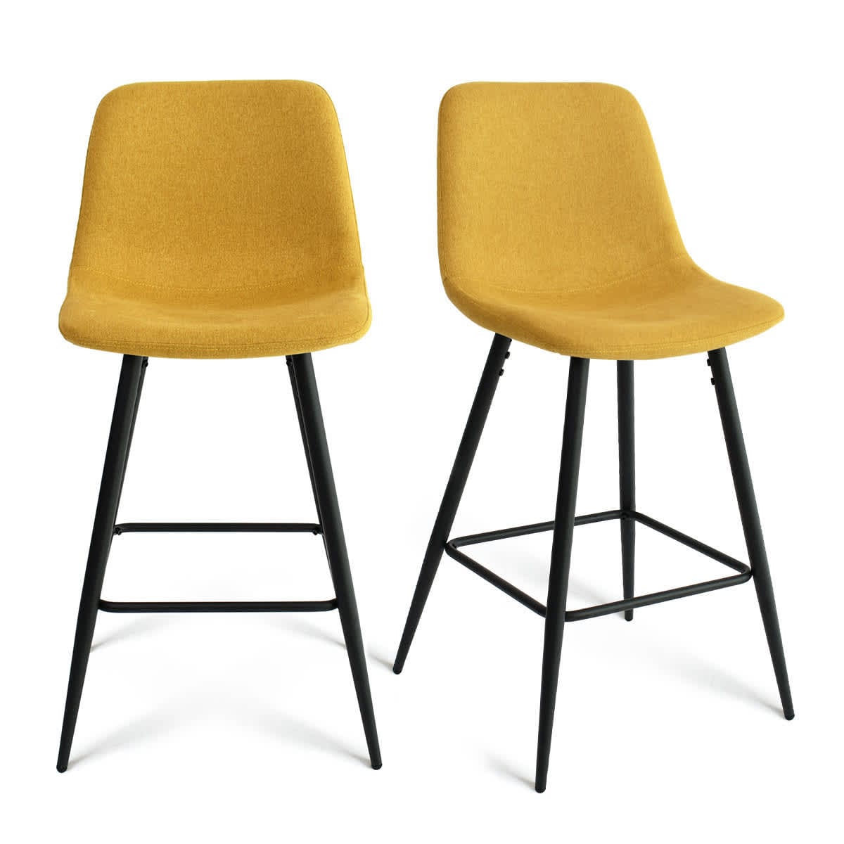 Maison Boucle BINGO-MB-YELLOW Set of 2 Yellow Bar Stools Counter Height Upholstered 26 inch Seat with Black Legs for Kitchen