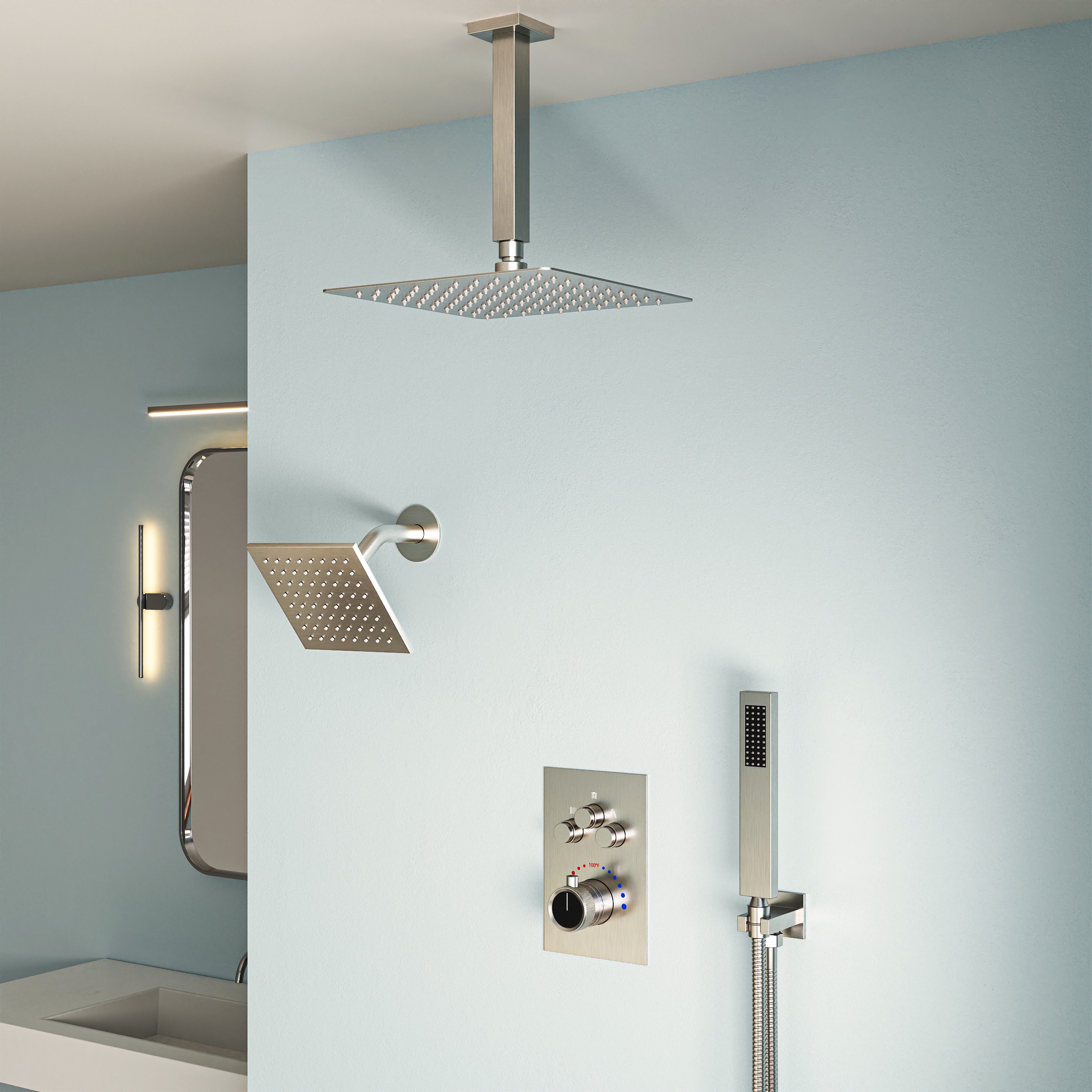 EVERSTEIN Q-924-OTOP DualCascade Brushed Nickel 12-in Dual Head Shower Faucet Bar System ( Thermostatic Valve Included )