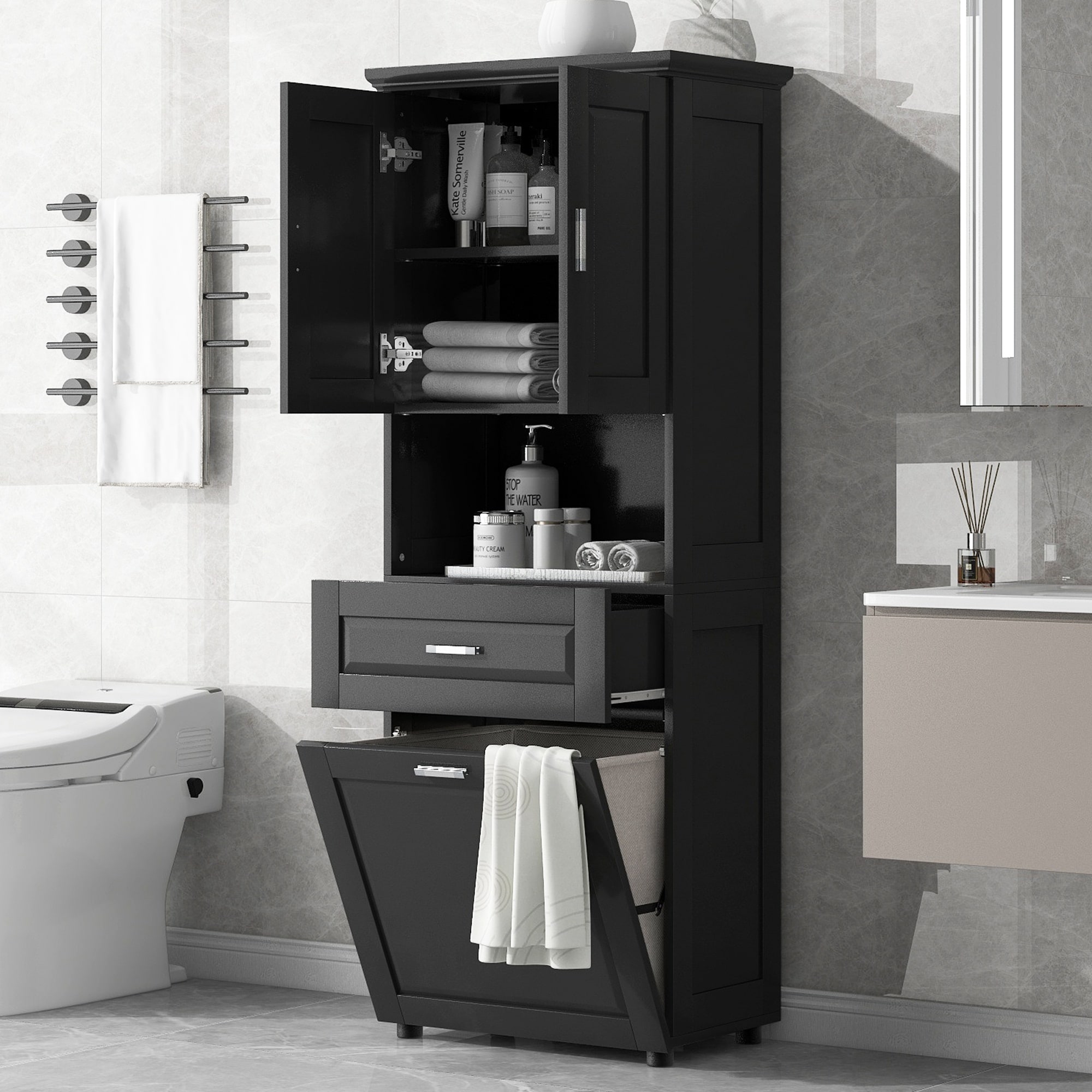 LIVACA 25 inch x 16 inch x 70 inch Black MDF Tall Bathroom Cabinet with Laundry Basket and Large Storage Space