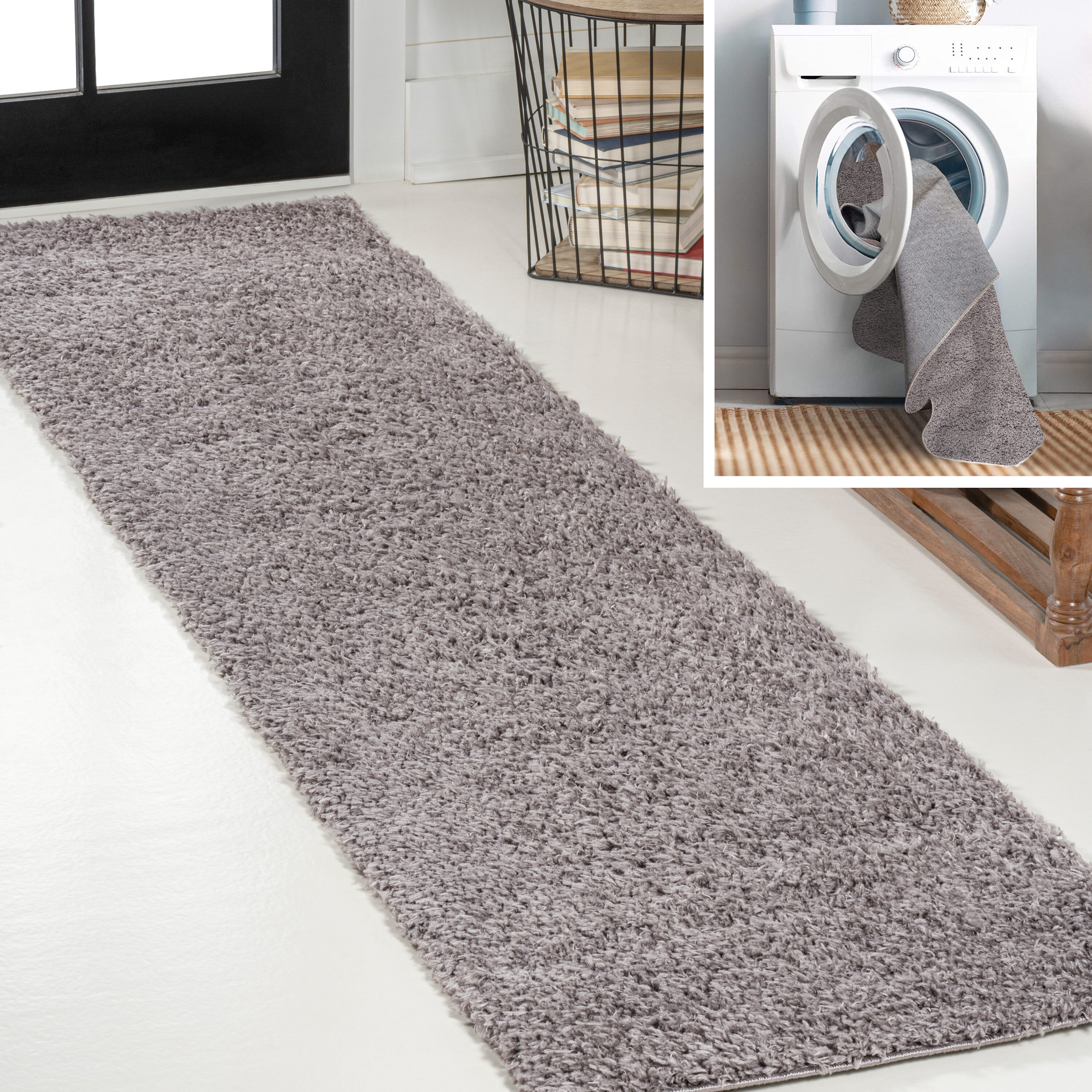 JONATHAN  Y WSH400G-28 WASHABLE Clayton Coastal Solid Glam Shag 2 x 8 (ft) Loomed Polyester Gray Rectangular Indoor Solid Coastal Machine washable Runner rug
