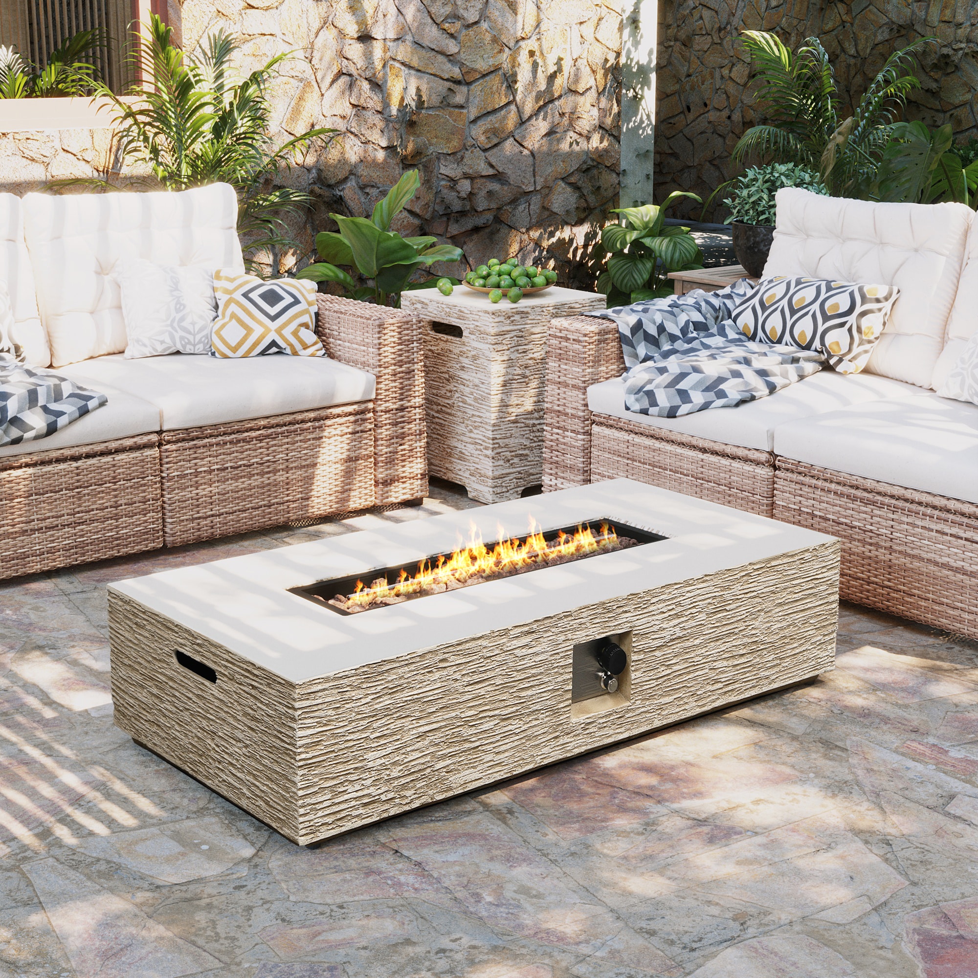 Patio Watcher LS-56MBE-HW-W 56-in W Beige Magnesium oxide Rectangle Liquid propane Fire pit table
