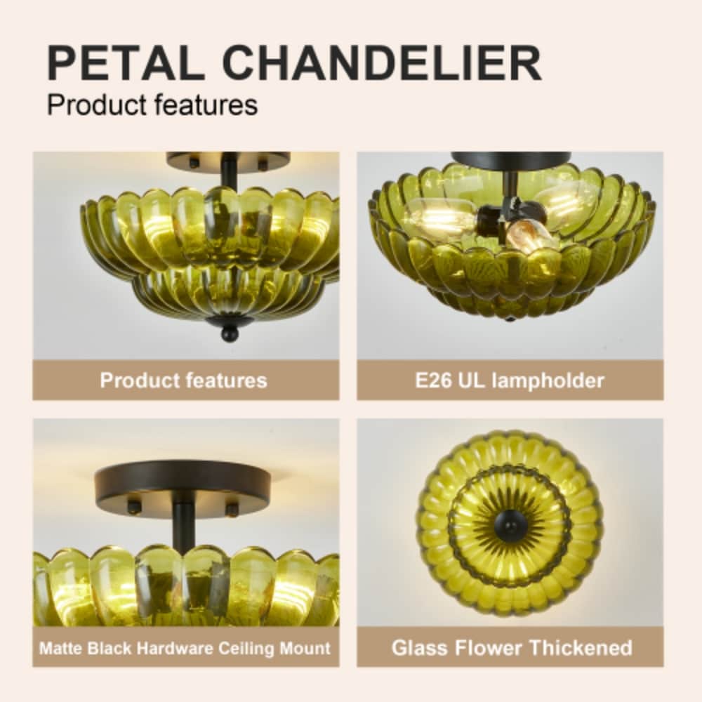 Rainlex 3 Bulb Semi Flush Mount Ceiling Light Black Frame Green Handmade Floral Glass Shade E26 Bulbs Not Included for Bedroom Kitchen Living Room