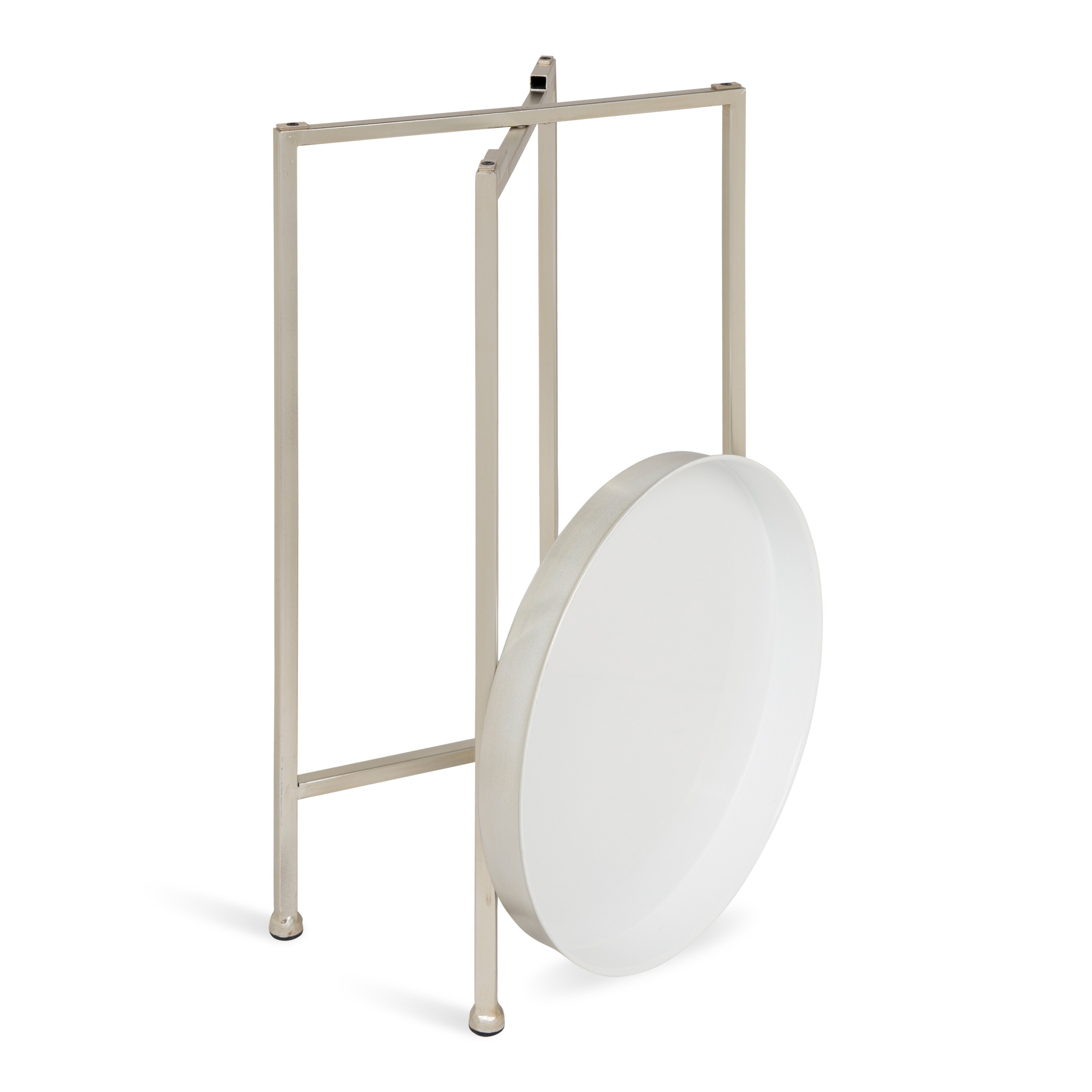 Celia White and Silver Round Metal Foldable Tray Accent Table
