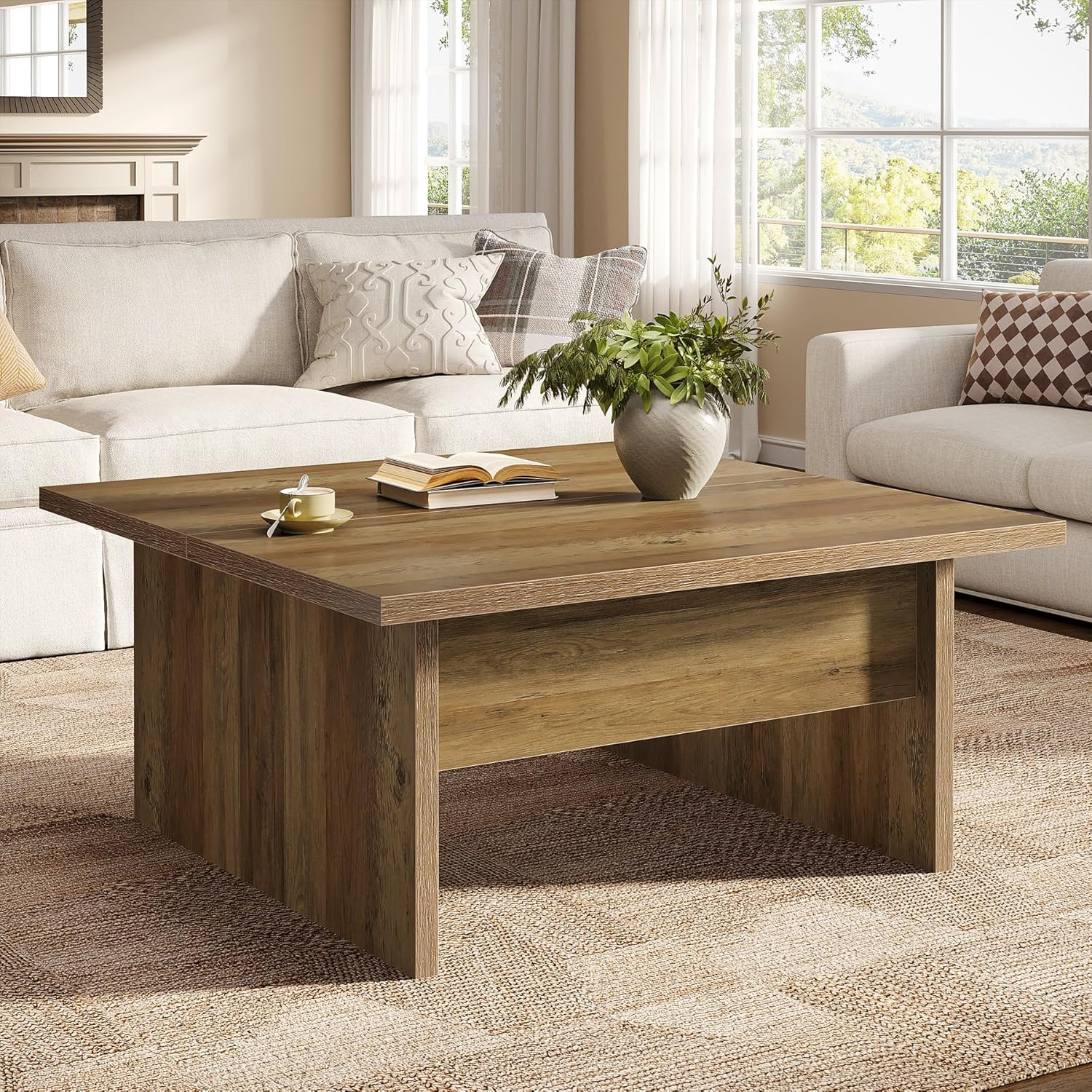  Square Coffee Table 39.4 inch Farmhouse Cocktail Tea Center Table for Living Room Rustic Brown