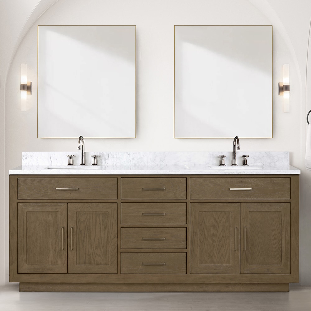Lexora LVGI80DR111 Gilroy 80-in Grey Oak Undermount Double sink Bathroom Vanity with White Carrara Marble Marble Top (Mirror Included) (Faucet Included)