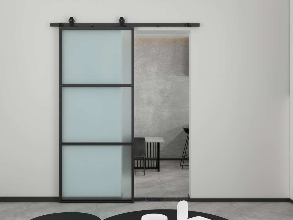 CALHOME 36"x84" Frosted Glass Black Steel Frame Sliding Door