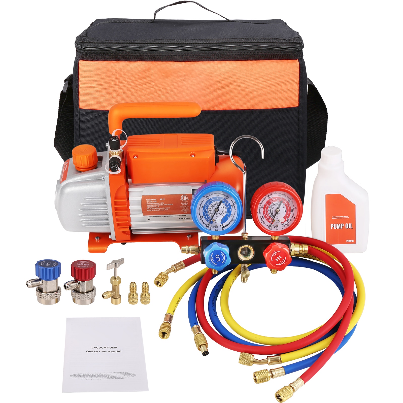 VEVOR SCKD35CFM15000507V1 1/5 HP 3.5 CFM AC Vacuum Pump and Gauge Set  Single Stage Rotary Vane HVAC Air Vacuum Pump A/C Refrigerant Kit Manifold Gauge Set  with Three Color Hose Carry Bag  Applicable to R134a  R410a