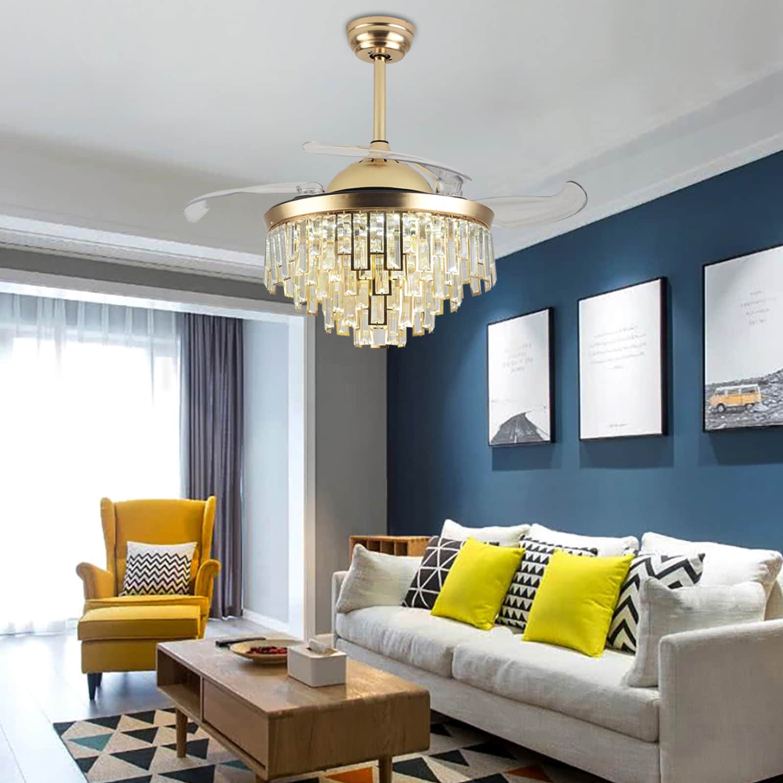 42" Gold Crystal Retractable Bladeless LED Chandelier Fan