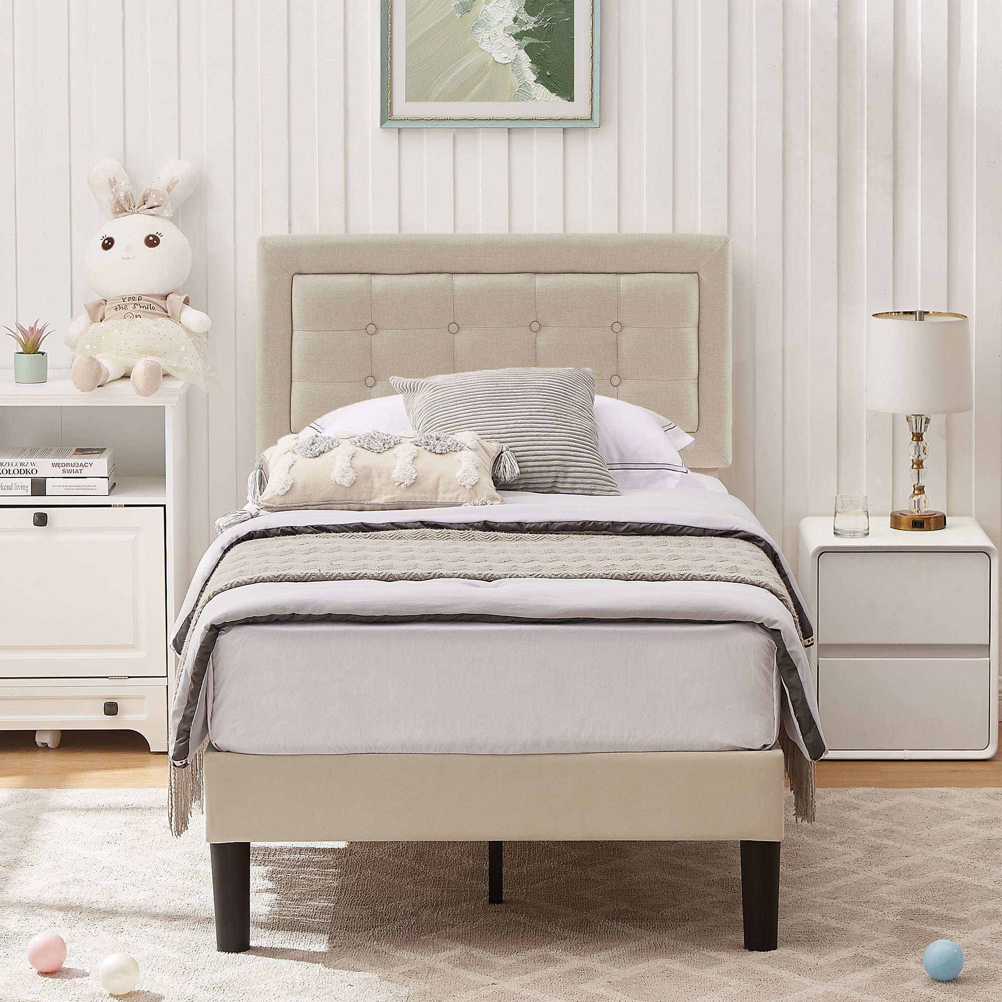 Vecelo LOE-BTJ-RT01-BGE Twin Size Bed Frame with Adjustable Headboard and Wood Slats Support Velvet Fabric Beige