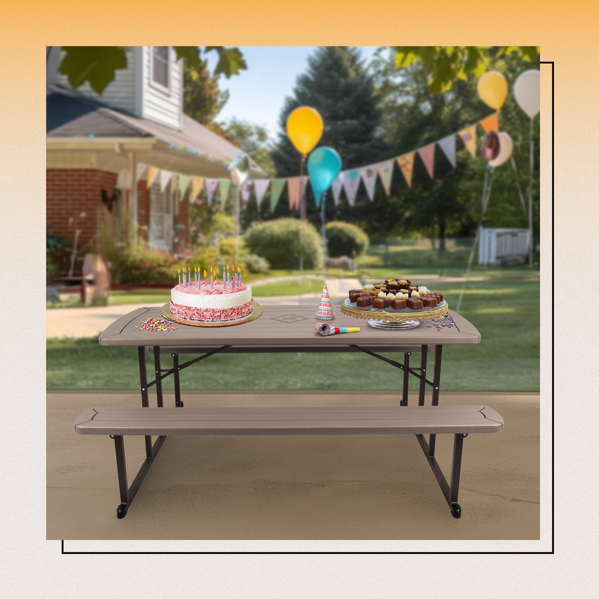 Travis 72" Brown Polypropylene Folding Picnic Table with Benches