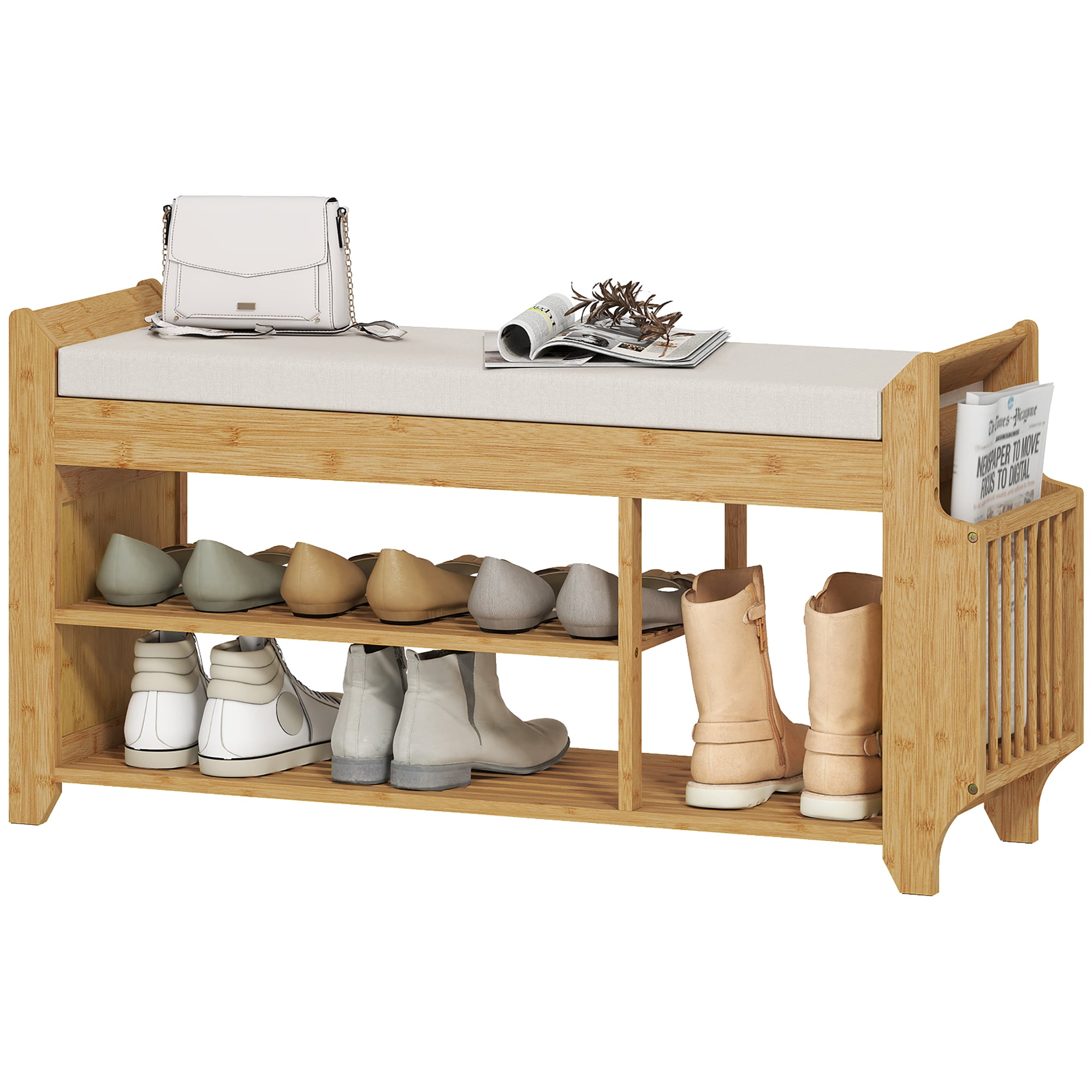 LUXEYARD Shoe Bench with Cushioned Seat Shoe Storage Bench with Side Umbrella Holder for Entryway Natural and Cream