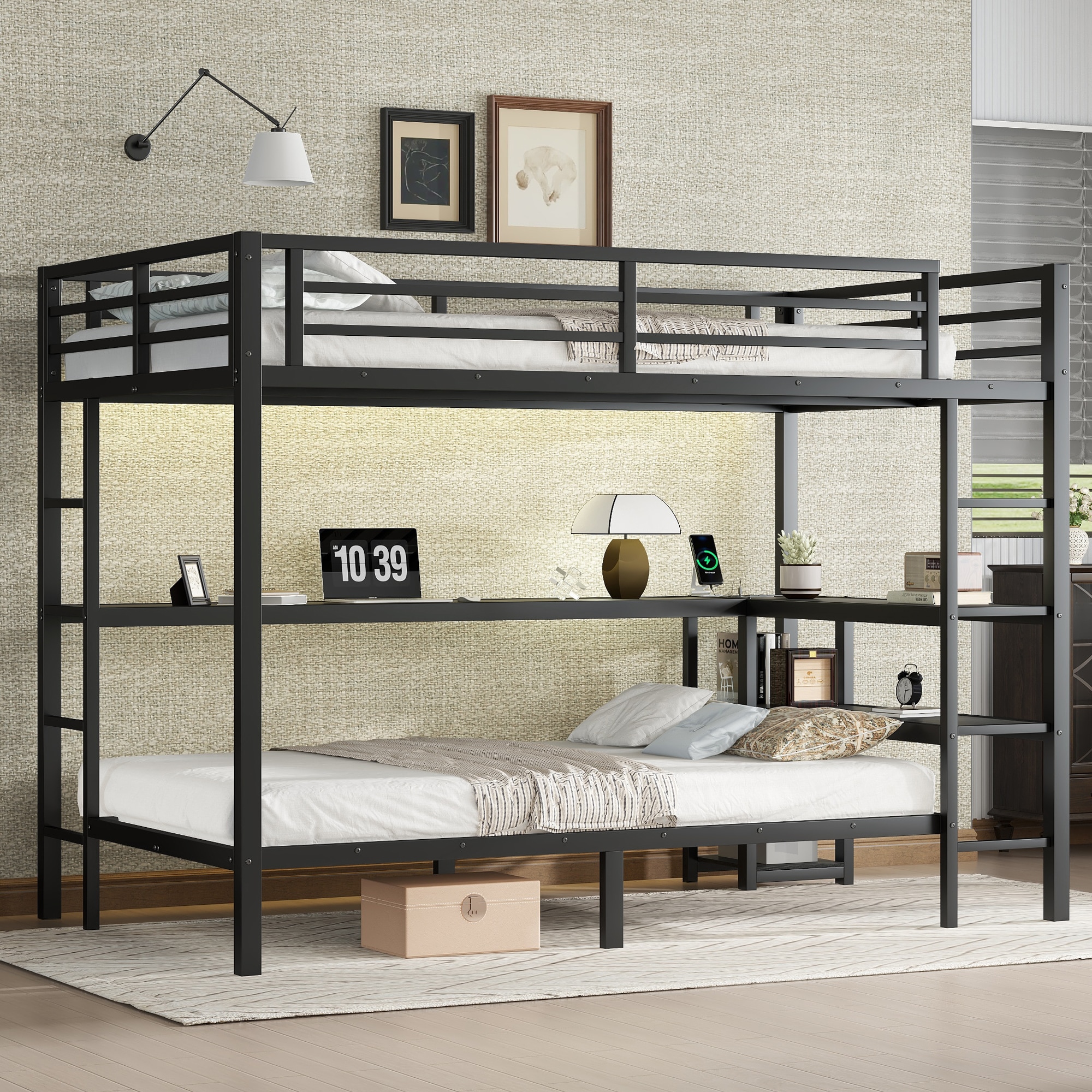 GDFStudio Boise full over twin bunk bed desk shelves multi placement LED USB in black