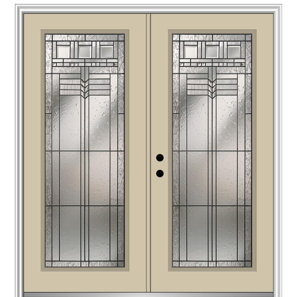 MMI DOOR ZZ3665168R 64-in x 80-in x 6-9/16-in Fiberglass Full lite Right-hand inswing Wicker Painted Prehung Double Front Door with Brickmould Insulating core