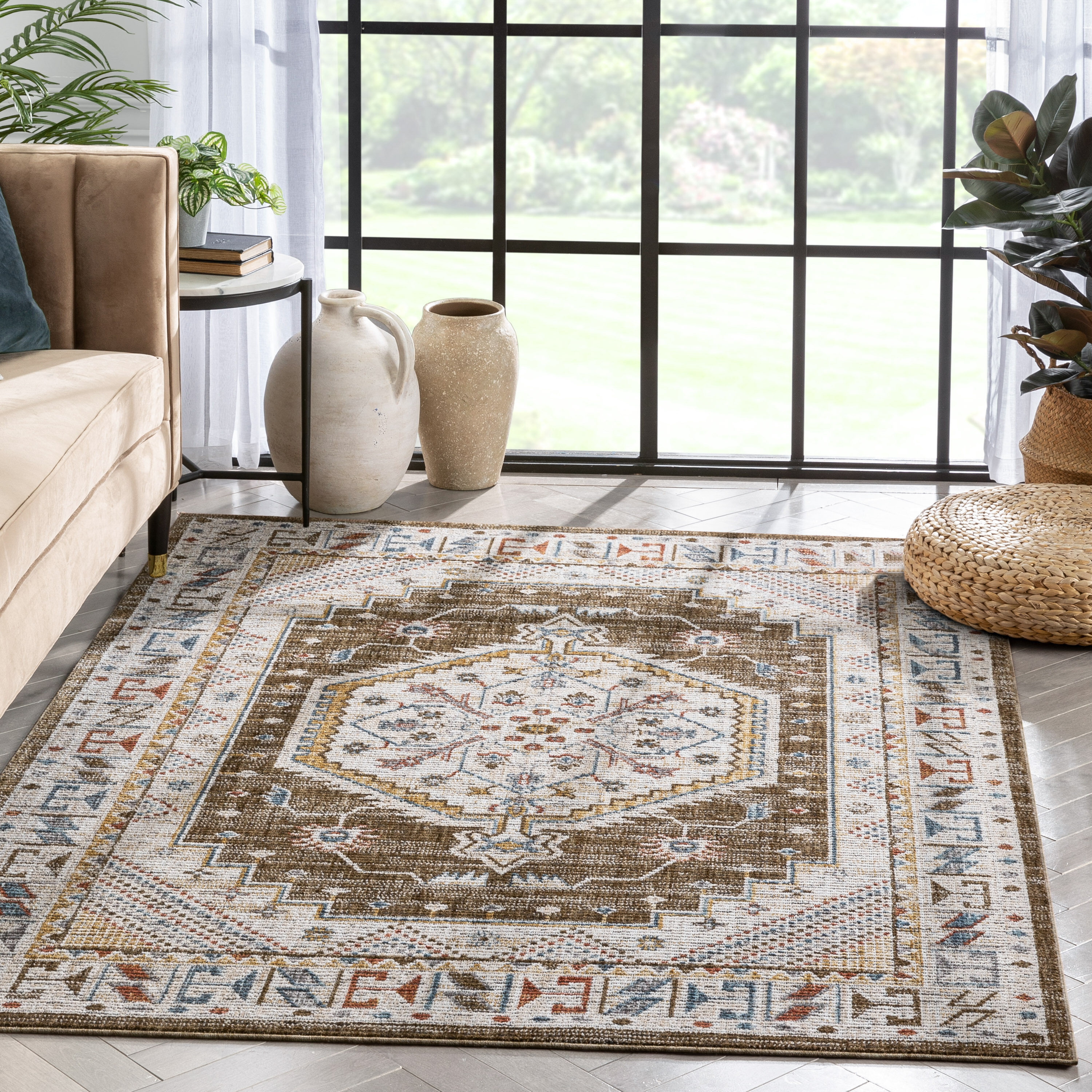 Well Woven TEN-58-5 Tenley 5 x 7 (ft) Loomed Polyester Brown Rectangular Indoor Medallion Persian Area rug