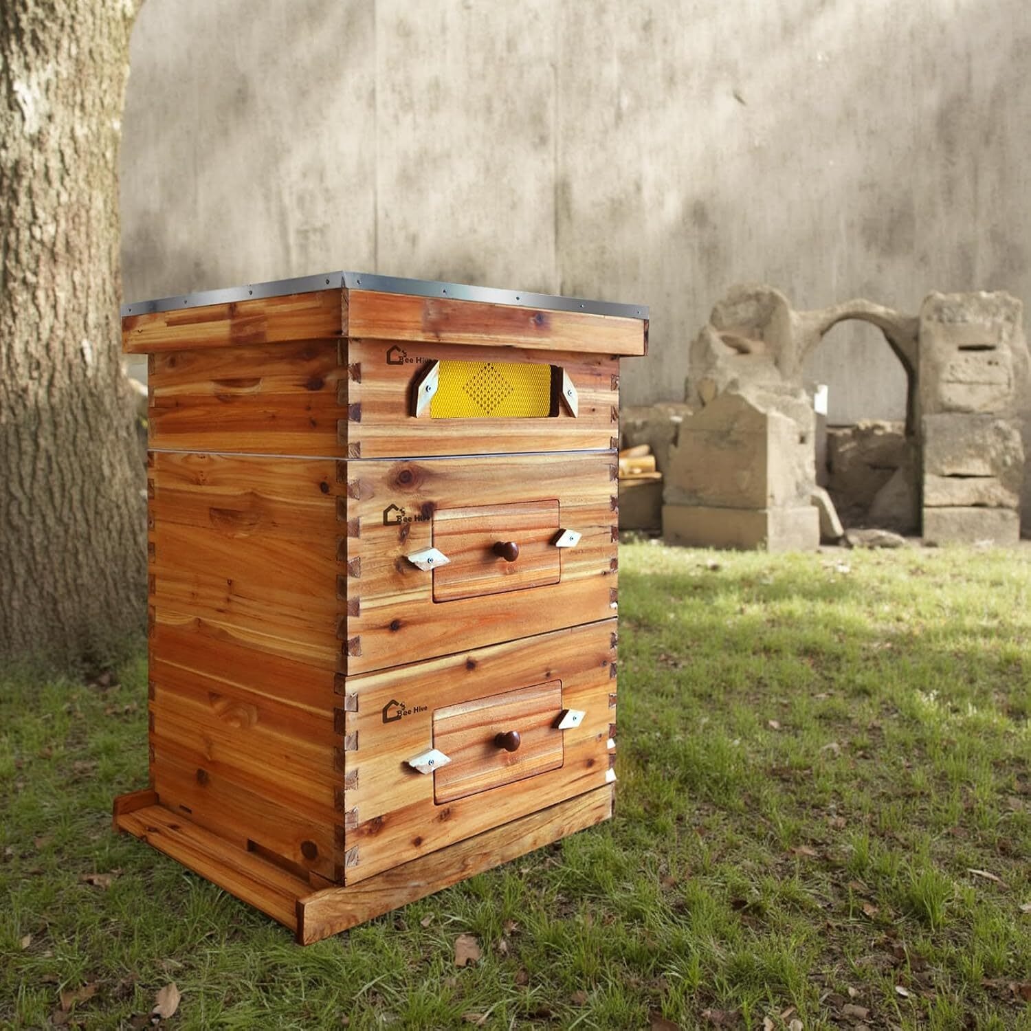 Qeetex GGL-PPG-33BYCVD9 10 Frame Bee Hive Coated with Beeswax Complete Beehive Kit Includes 2 Deep Box and 1 Medium Bee Box with Beehives Frames and Wax Foundations Wax Coated Bee Hives for Beginner