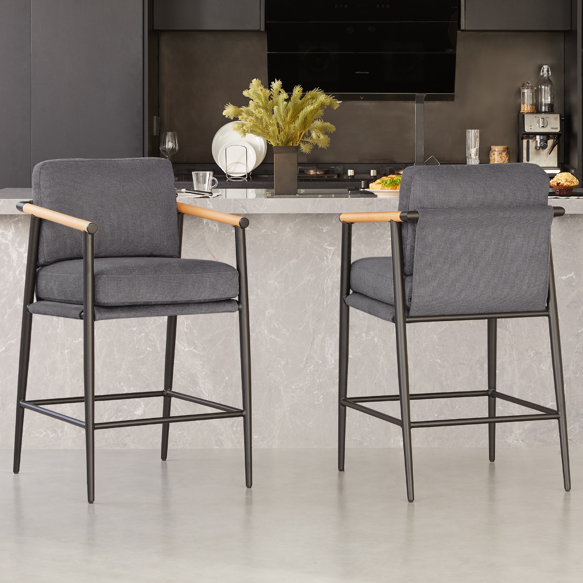 Circle 55 LWSBS72019-ENJOY455 2 -Set Gray/Fabric 27.2-in H Counter height Square seat Upholstered Wood Bar Stool with Arms and Back