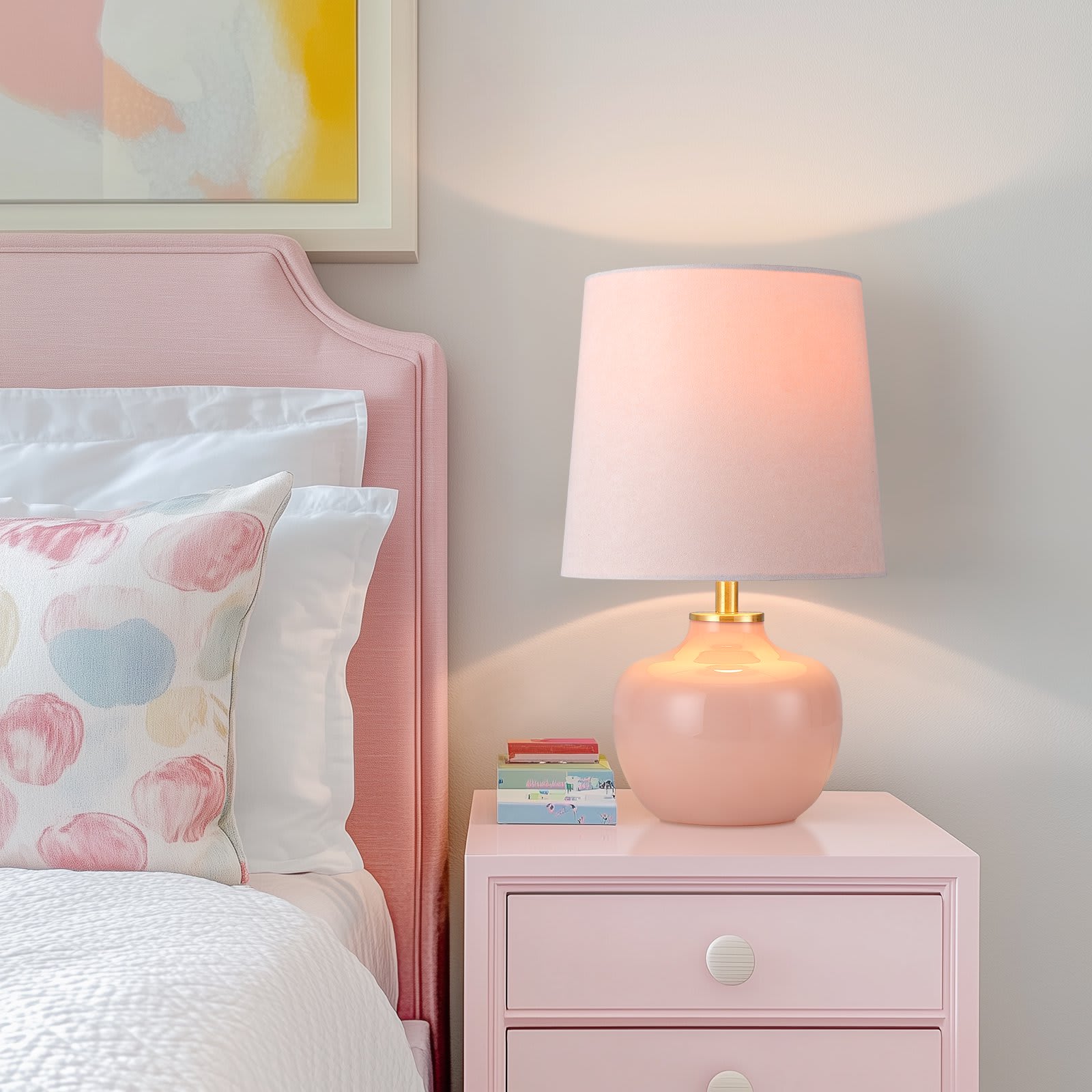 BIGHOUSE 300201498V 15'' Hand-Blown Pink Glass Table Lamp Blush Velvet Shade For Girls Bedroom Nightstand Living Room Kitchen Counter