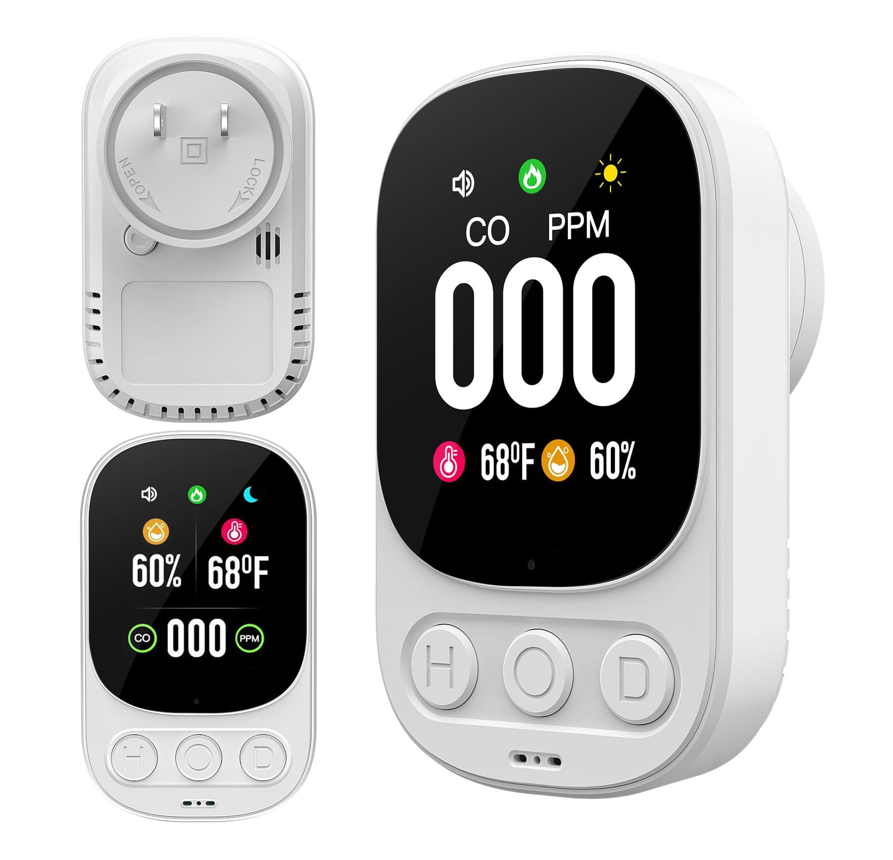 Etokfoks  3 in 1 Carbon Monoxide Detector Plug In 2.1 Inch LED Display Real Time CO Temp and Humidity Monitor 85dB Alarm Portable 1 Piece White