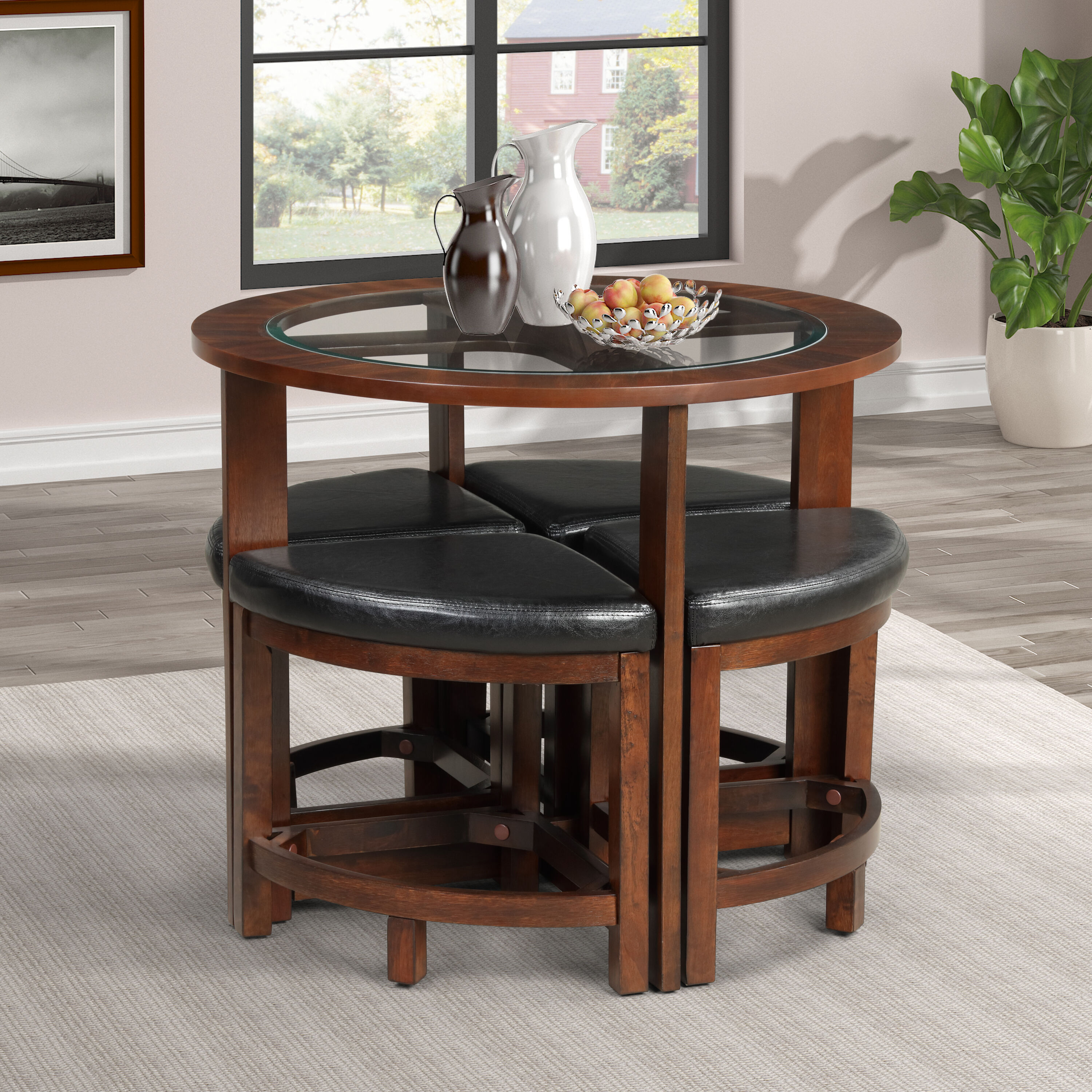Cylina Dark Brown Glass Top Round Dining Table with 4 Faux Leather Chairs