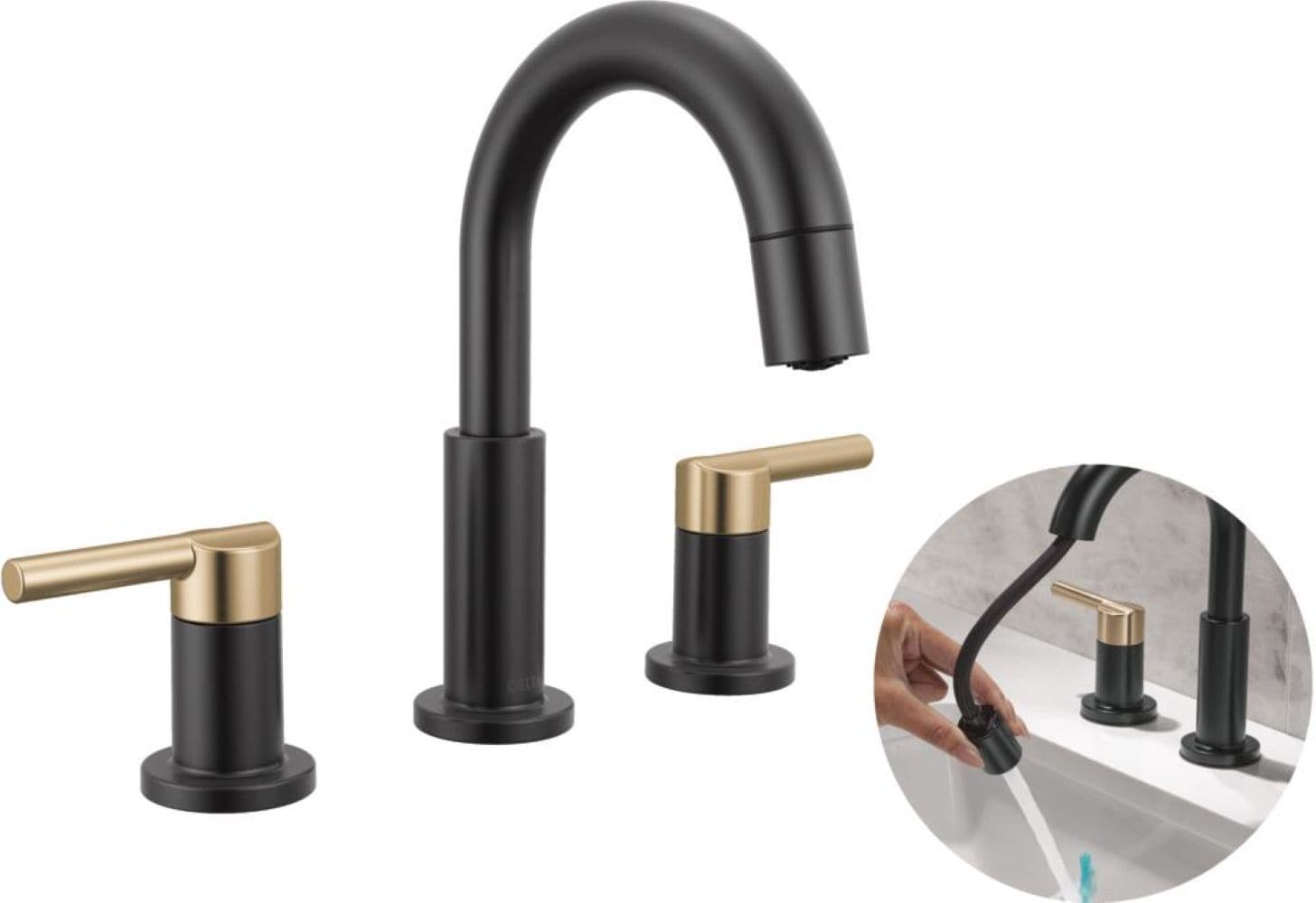 Delta 35749LF-GZPD Nicoli Matte Black / Champagne Bronze Widespread 2-handle WaterSense Mid-arc Residential Handle Pull-down Bathroom Sink Faucet with Drain