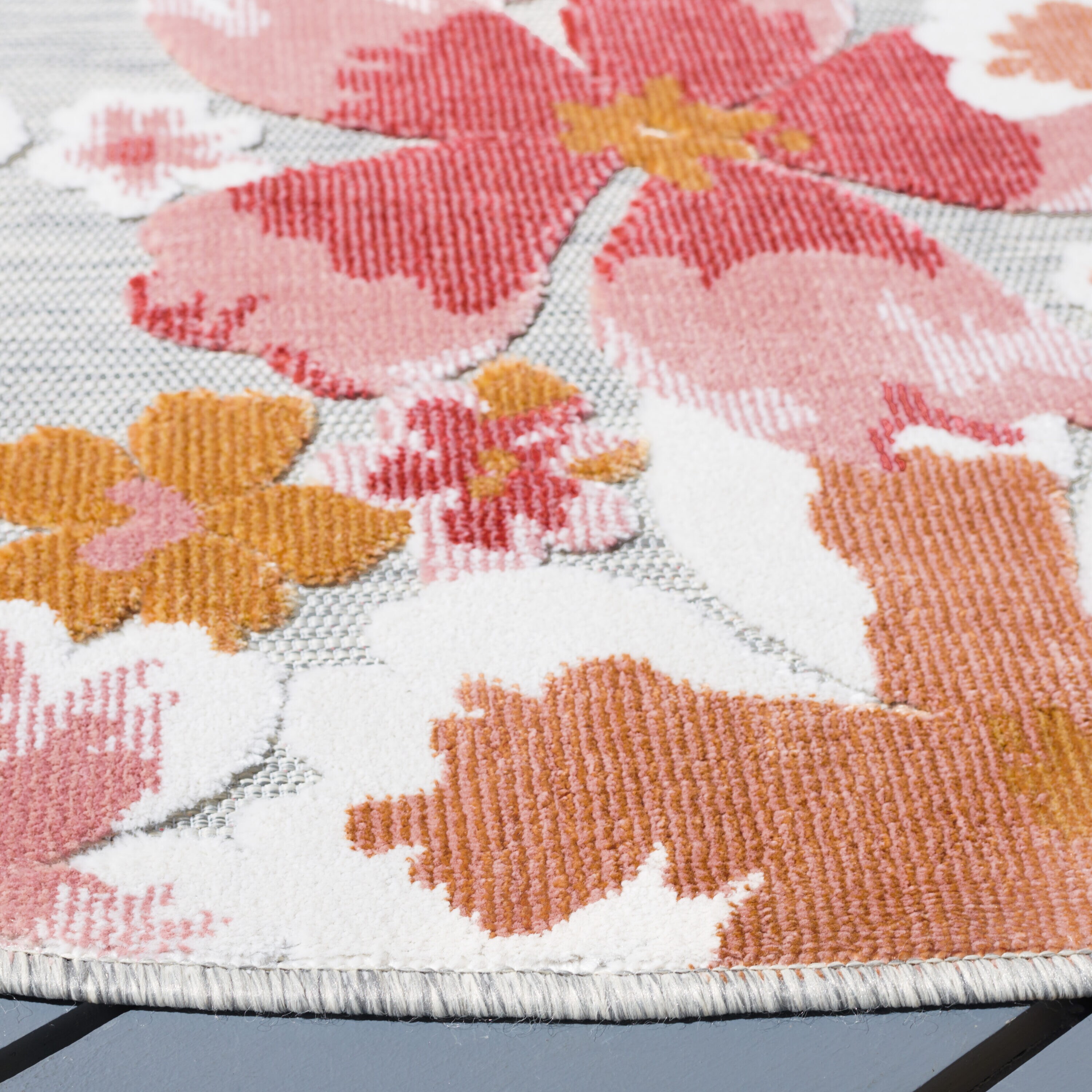 Gray and Pink Floral Round Synthetic Indoor/Outdoor Rug