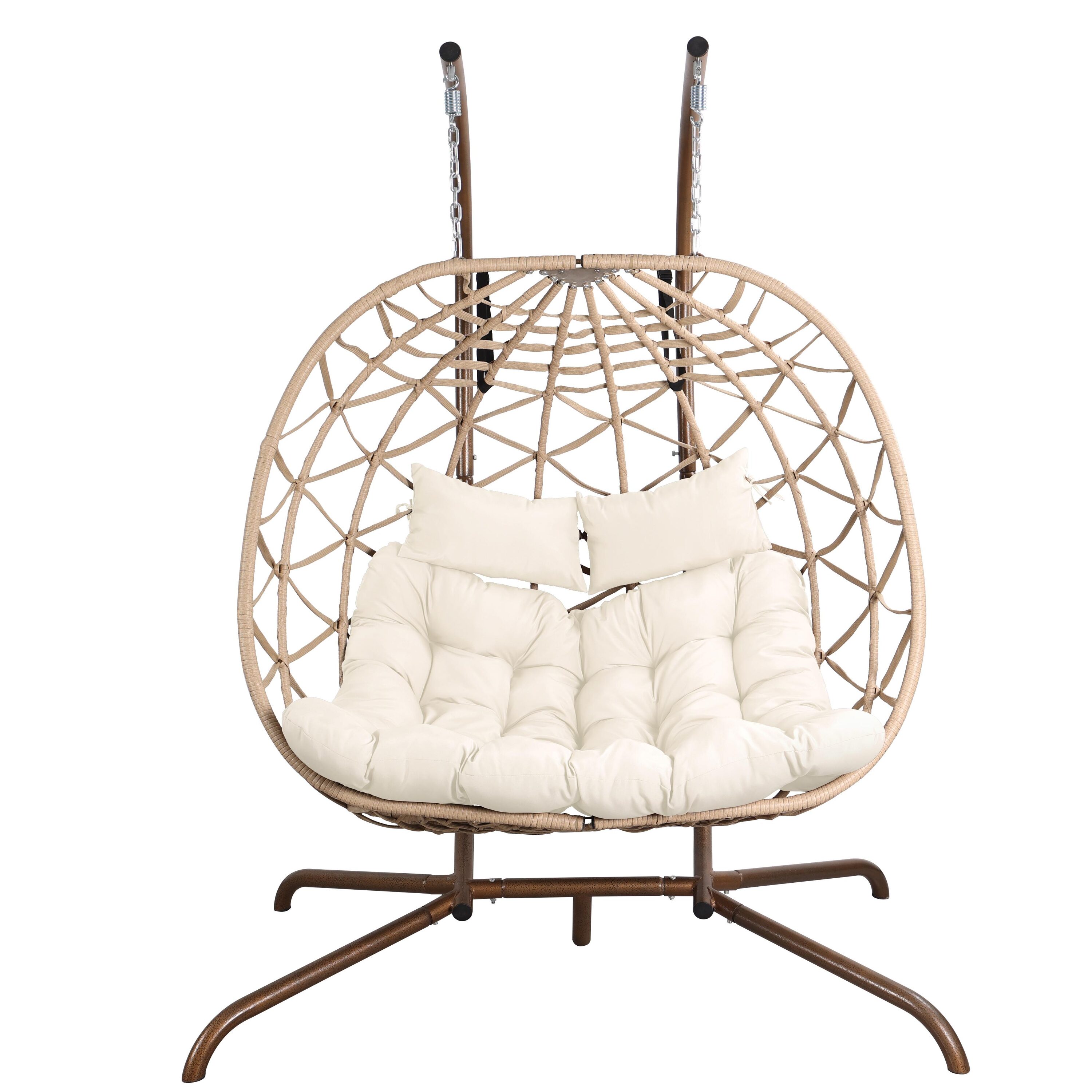 AHIOU HOME Hartford Wicker Brown Steel Frame Hanging Egg Chair with White Cushioned Seat Polyester | ZAAHG-P214406AC