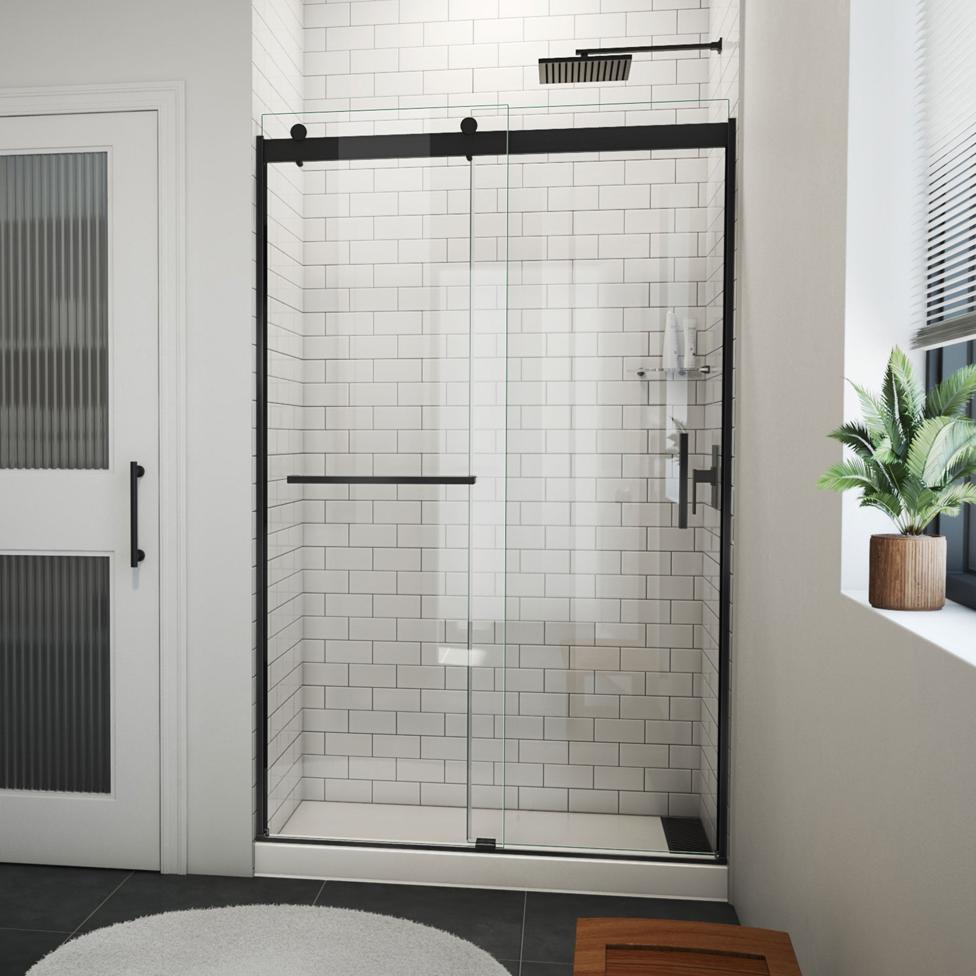 DreamLine SDVH48W760VXX09 Sapphire-V Matte Black 44-in to 48-in W x 76-in H Semi-frameless Bypass Sliding Shower door 5/16-in Thick Clear Glass
