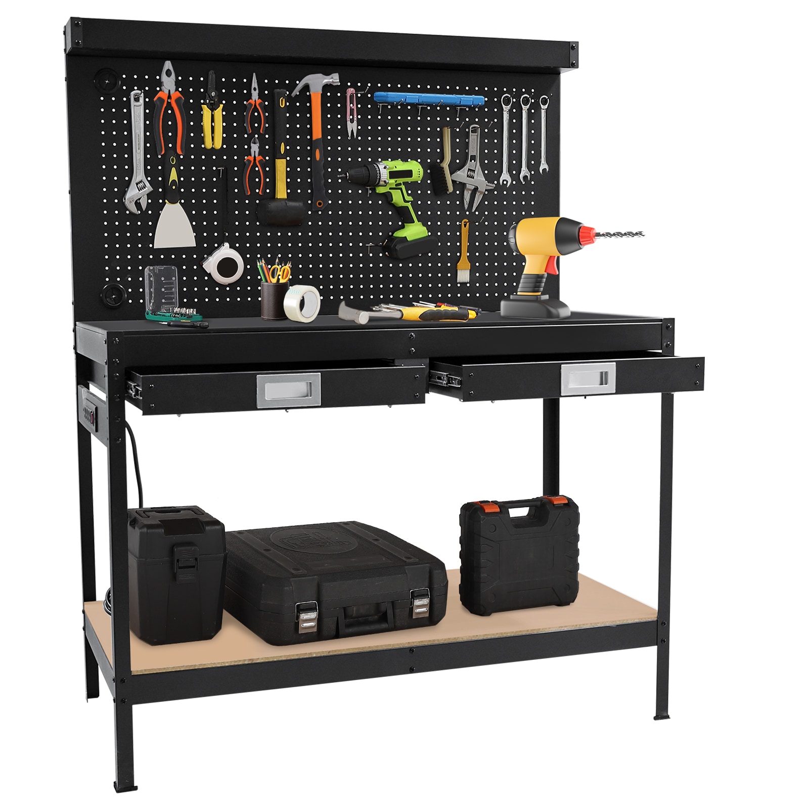 IdealHouse 48.99 in x22.99 in Workbench with 2 Drawers 2-Tier Heavy Duty Workstation with Power Outlet Pegboard and Shelf Metal Multifunctional Tool Bench for Garage Workshop Storage and Organization #BZI-QJSUBXGC-M94POMX