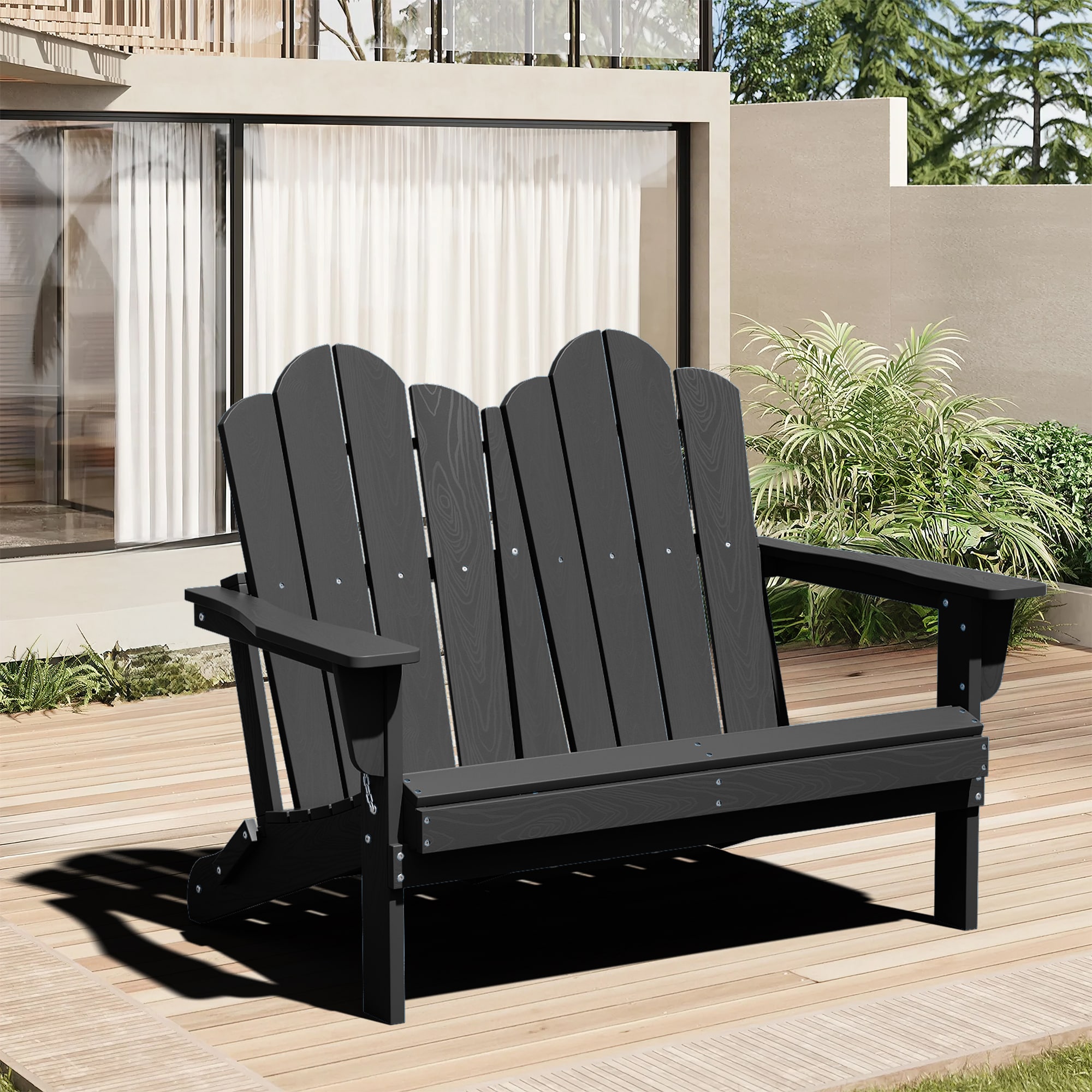 JEAREY XJG3JT-OG 2-Seater HDPE Adirondack Chair Black HDPE Frame Stationary Conversation Chair with Slat Seat