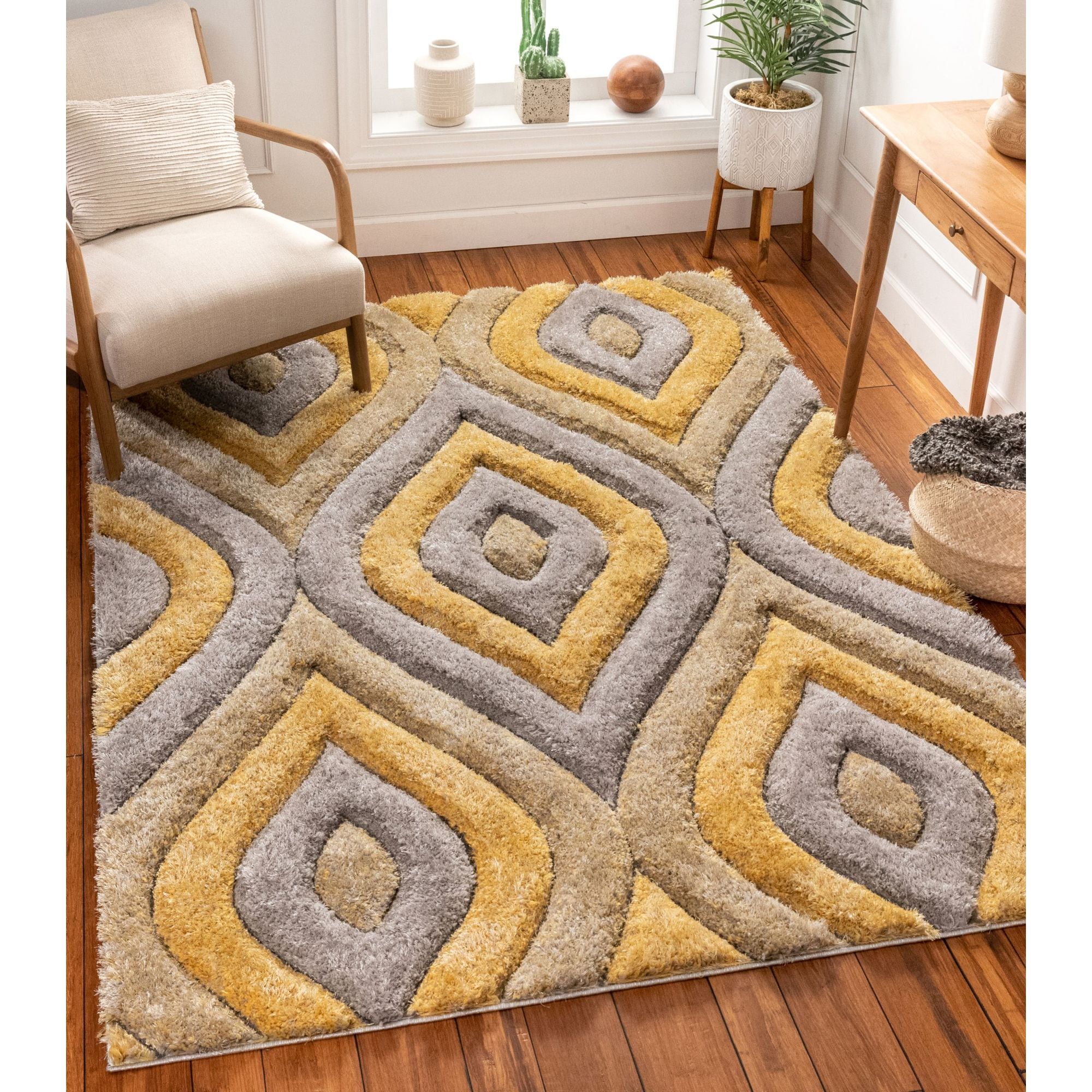 Modern Mustard Geometric Rug Small Large Yellow Grey Living Room Rugs  Carpet Mat