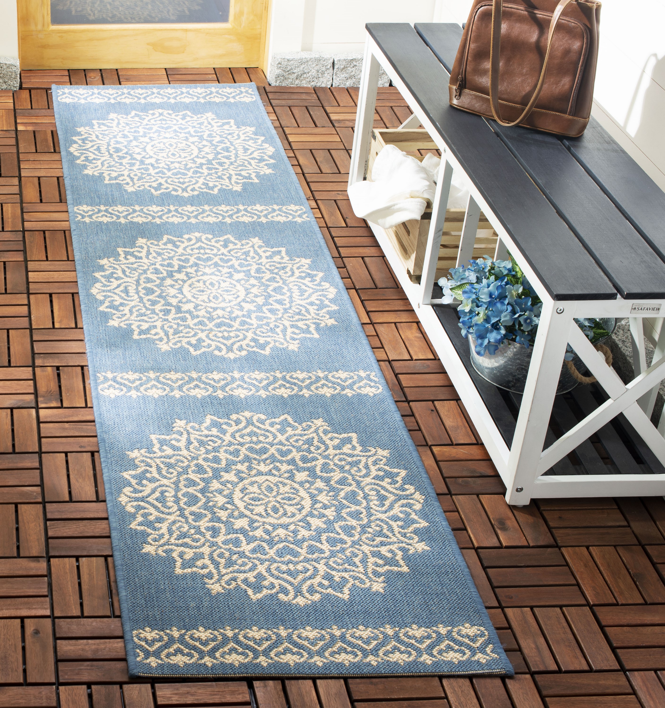 Safavieh BHS183N-210 Beach House Adelle 2 x 10 (ft) Loomed Polypropylene Cream/Blue Rectangular Indoor/Outdoor Medallion Bohemian/Eclectic Runner rug