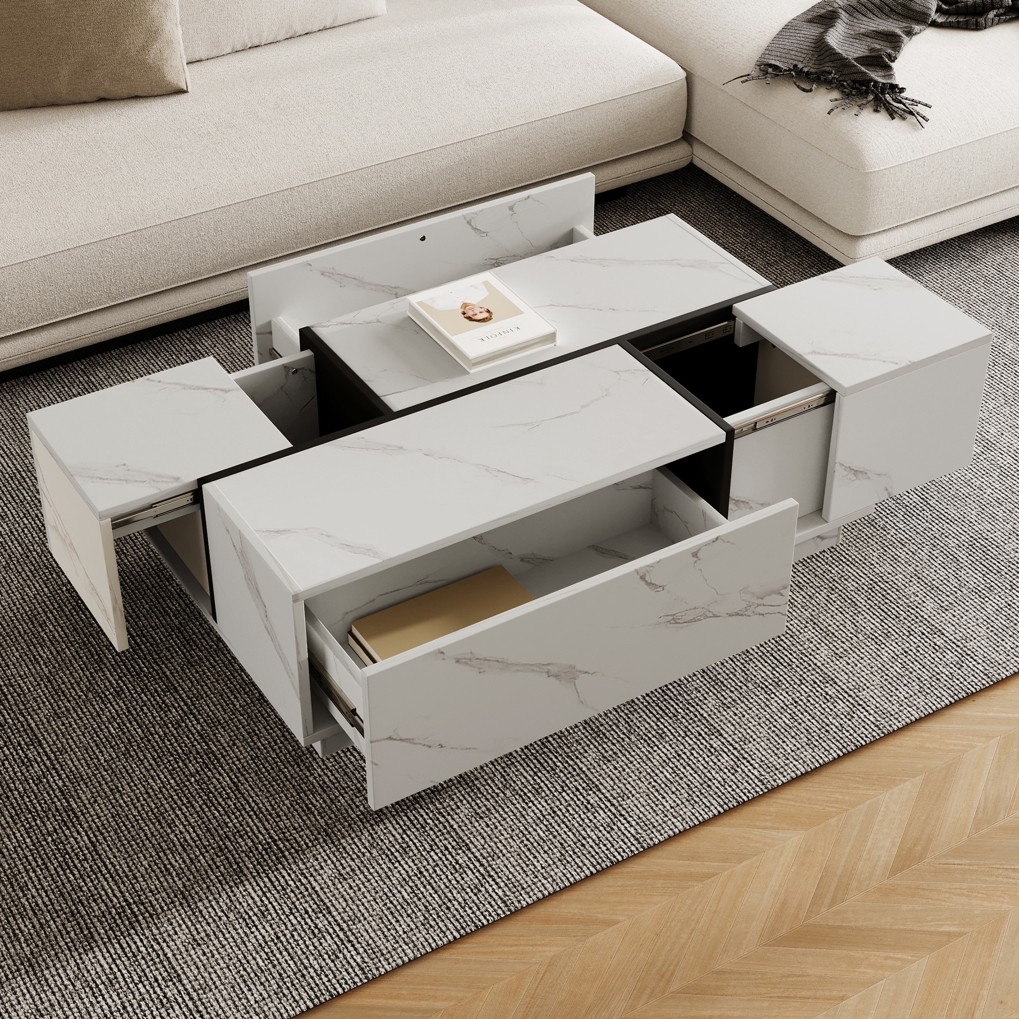 ModernLuxe L3P-N735P250955K Rectangular Sliding Top Coffee Table with 2 Drawers and 2 Hidden Storage for Living Room 47.2inch White