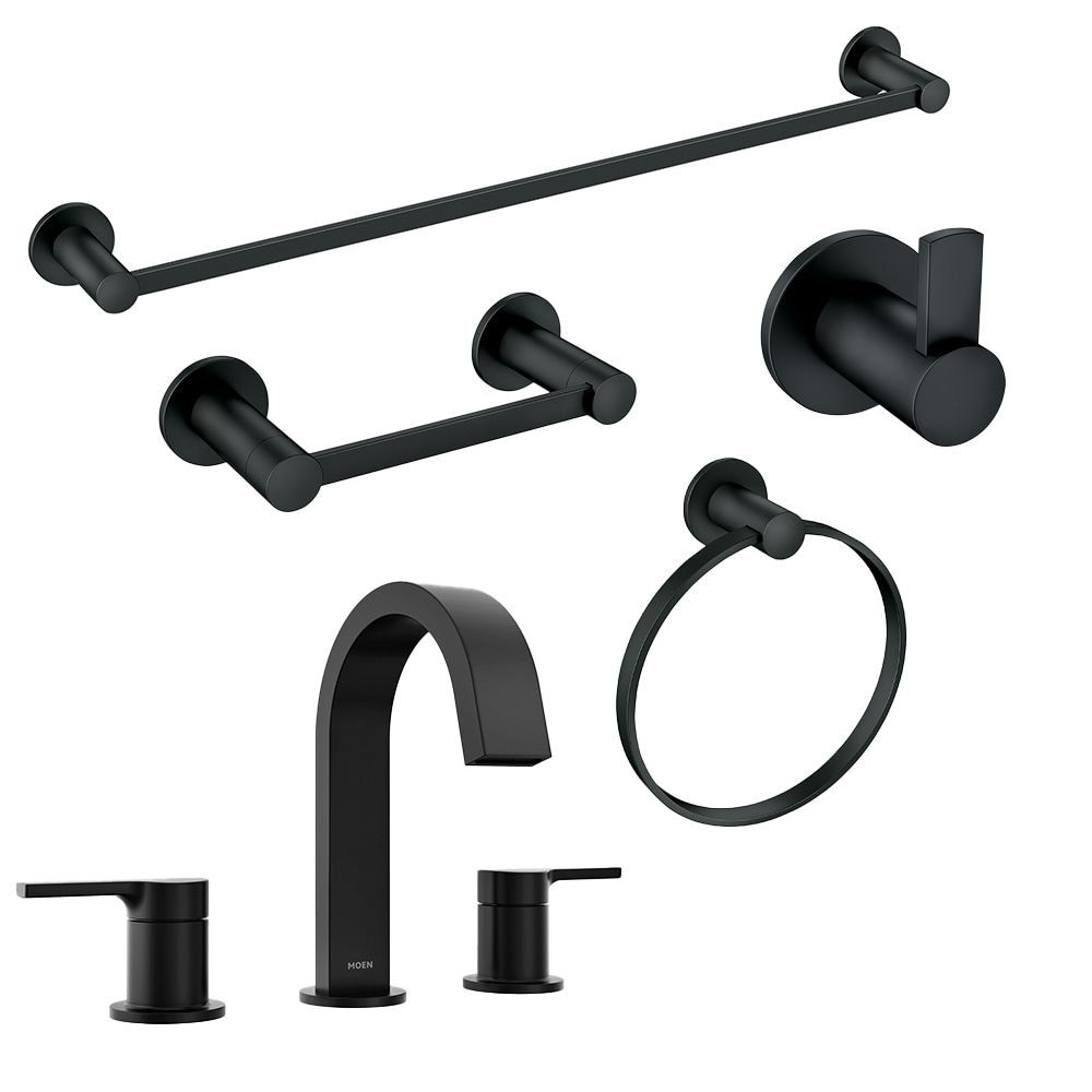 Moen Avri 8in Widespread 2-Handle Bathroom Faucet with 24 in. Towel Bar, Towel Ring, Paper Holder & Robe Hook in Matte Black
