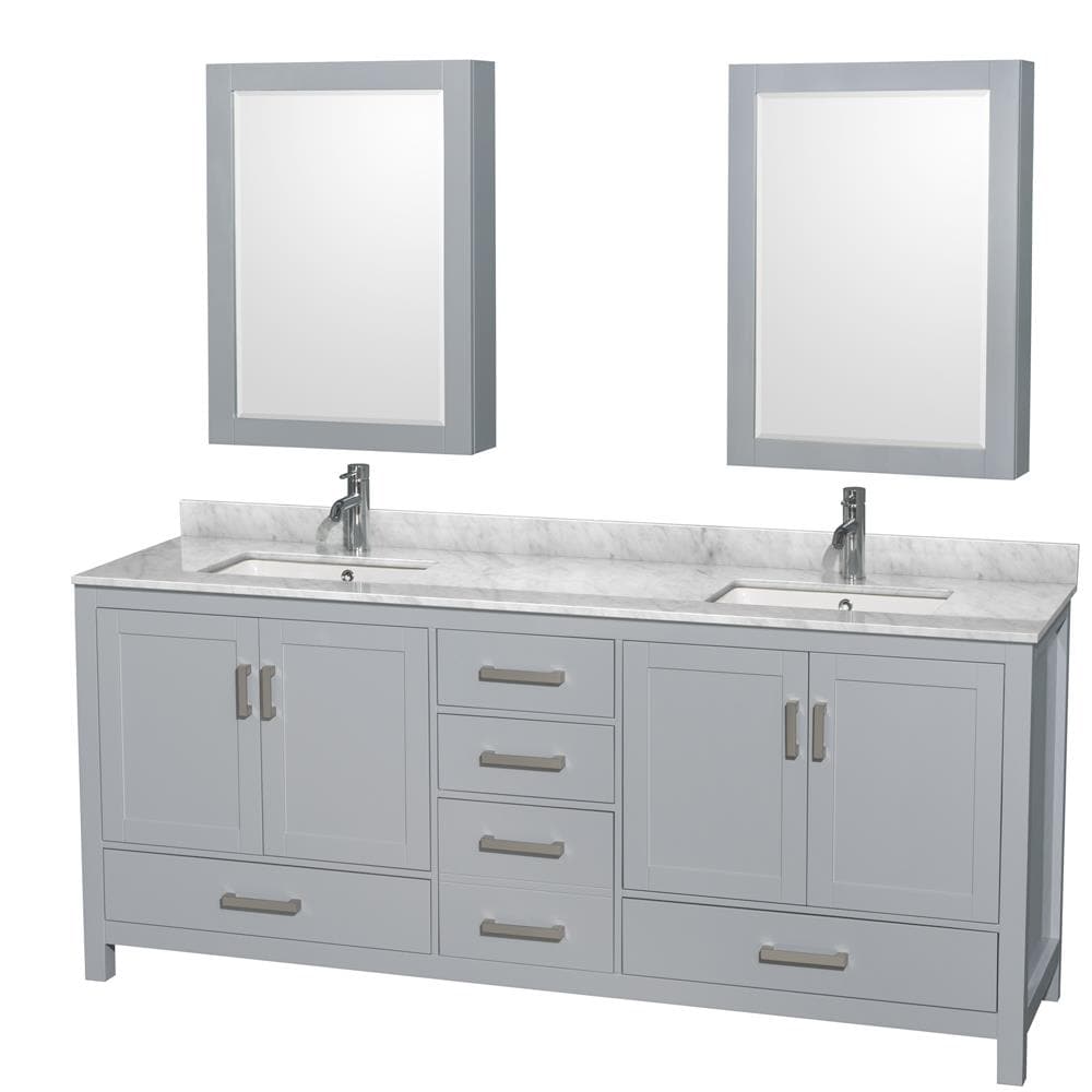 Wyndham Collection WCS141480DGYCMUNSMED Sheffield 80-in Gray with Brushed Chrome Trim Undermount Double sink Bathroom Vanity with White Marble Top (Mirror Included)