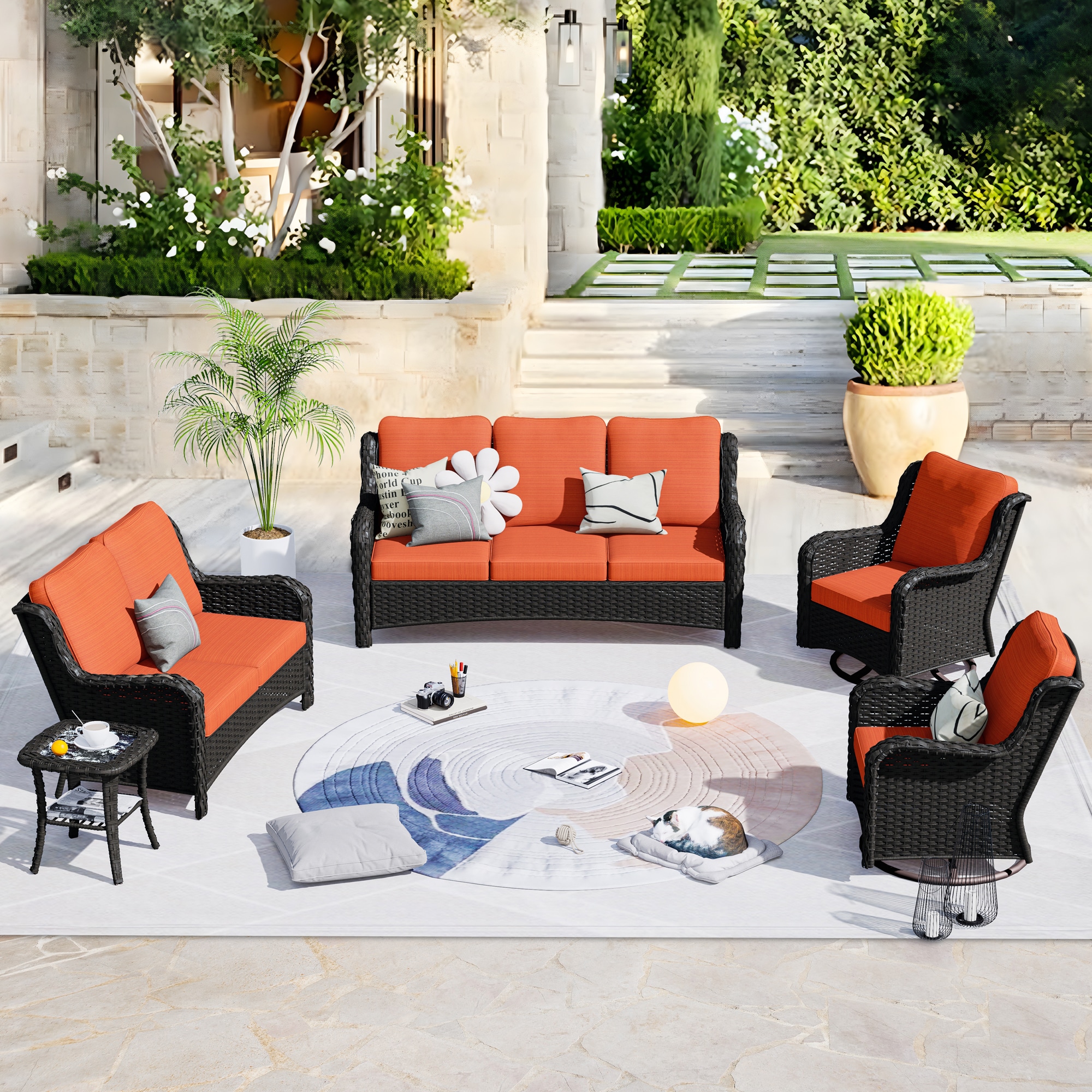 XIZZI Vesta 5-Piece Wicker Patio Conversation Set with Orange Cushions ...